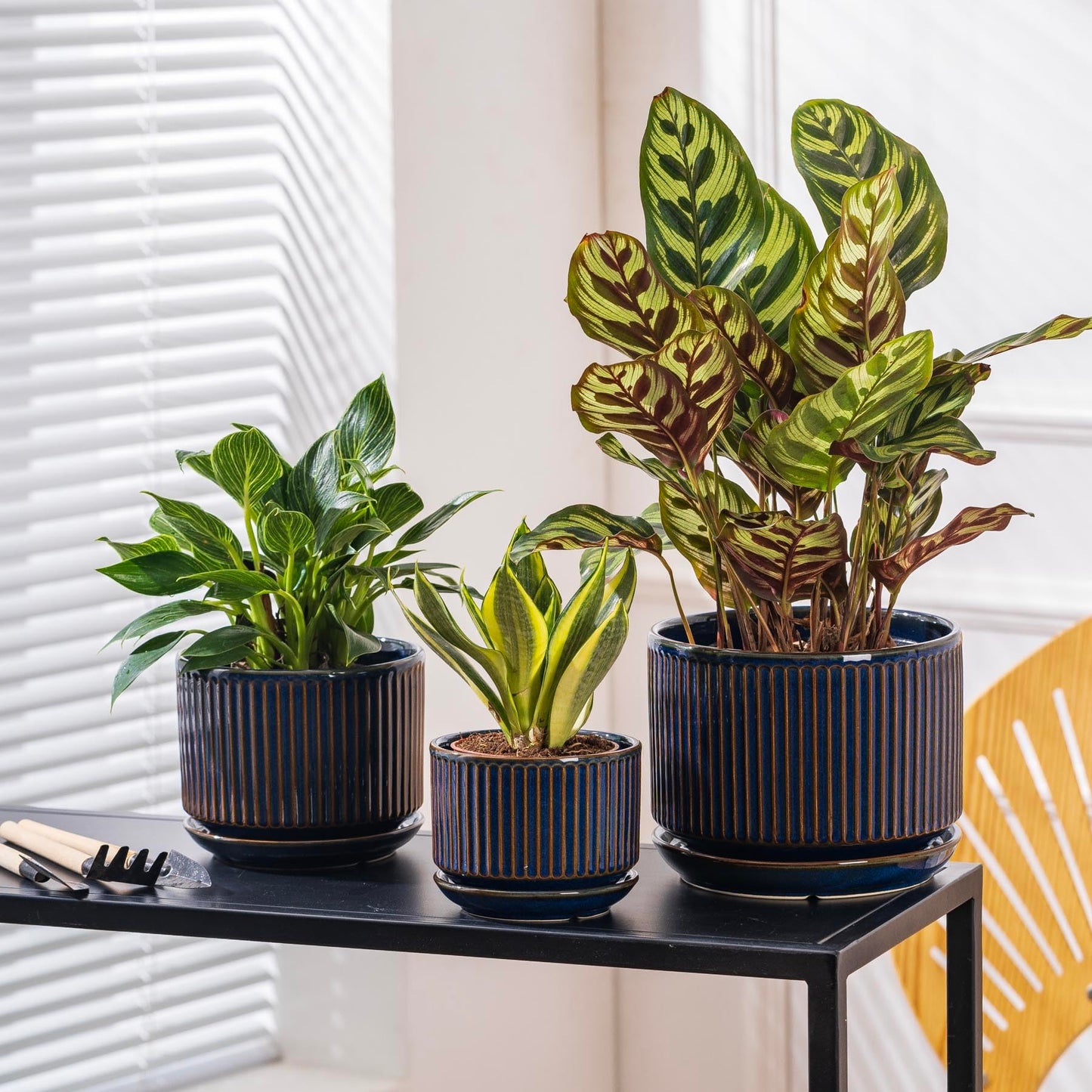 SURE YUESI Navy Blue Ceramic Plant Pots Set of 3 (4.3”+5.5”+6.7”), Indoor Striped Planters with Drainage Hole, Mesh Pads, Decorative Pots for Plants & Gardening