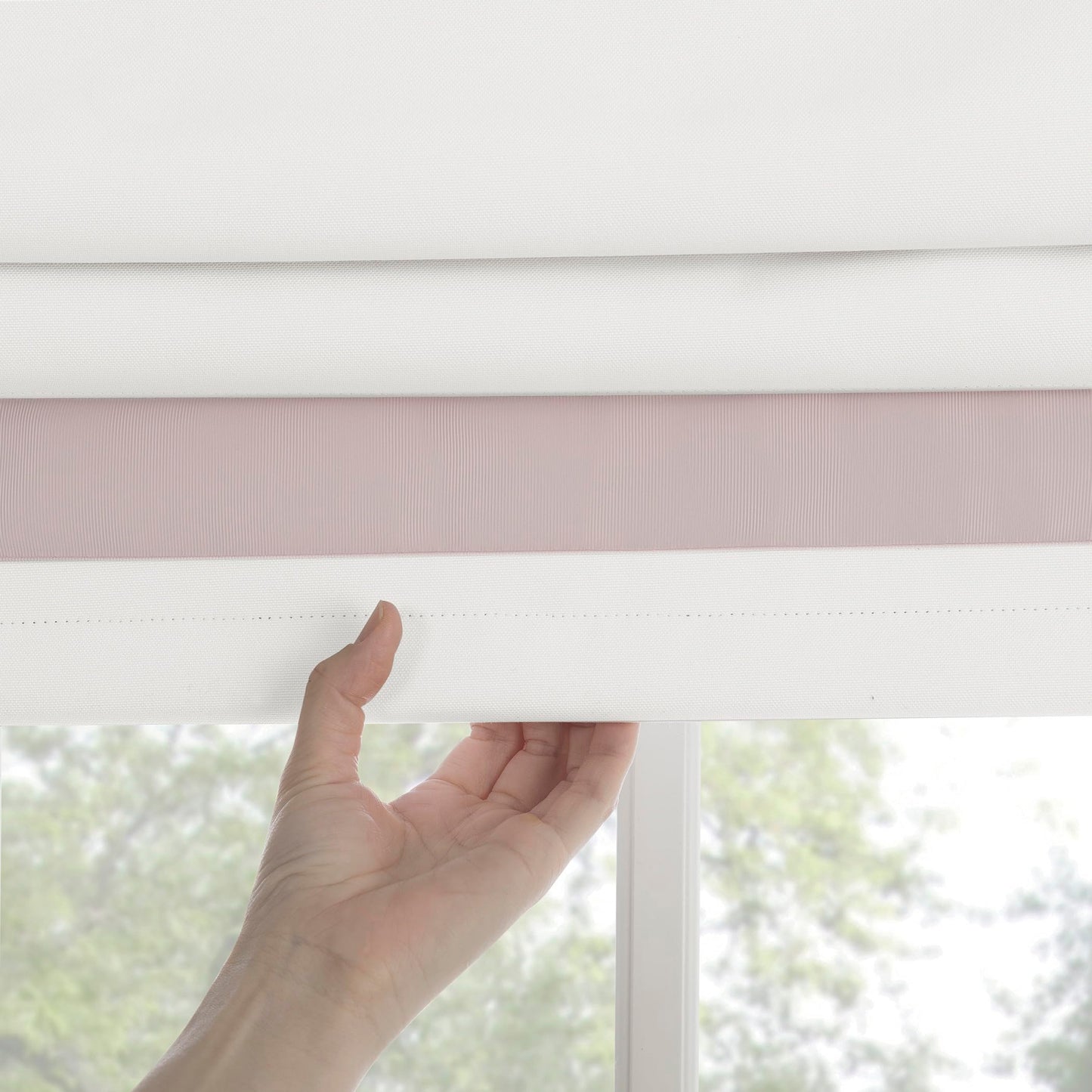 Sun Zero Marline Pink Ribbon Border 100% Total Blackout Cordless Roman Shade, Pink/White, 35" W x 64" H