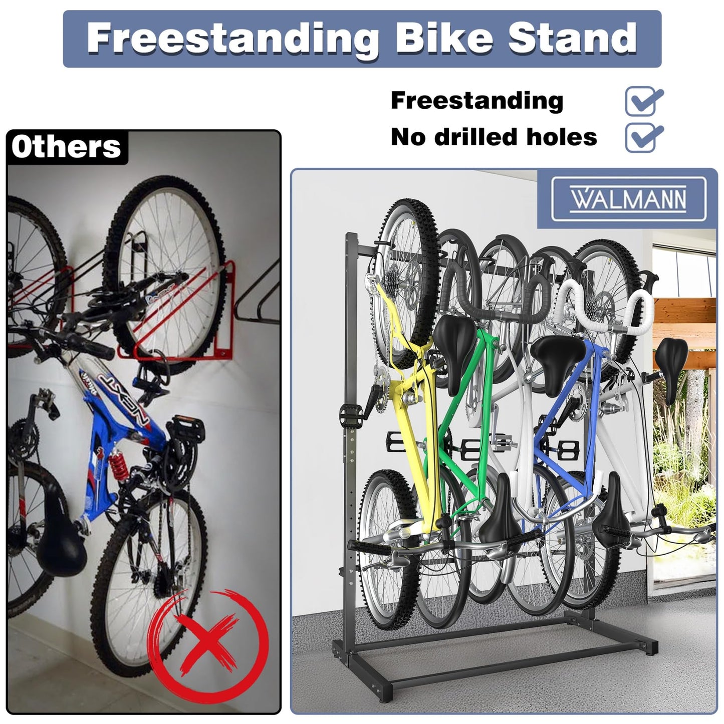 WALMANN Freestanding Bike Stand for Garage, 5 Bikes Vertical Bike Storage Stand Heavy Duty Bike Floor Stand, Holds Up to 70 lbs/Hook