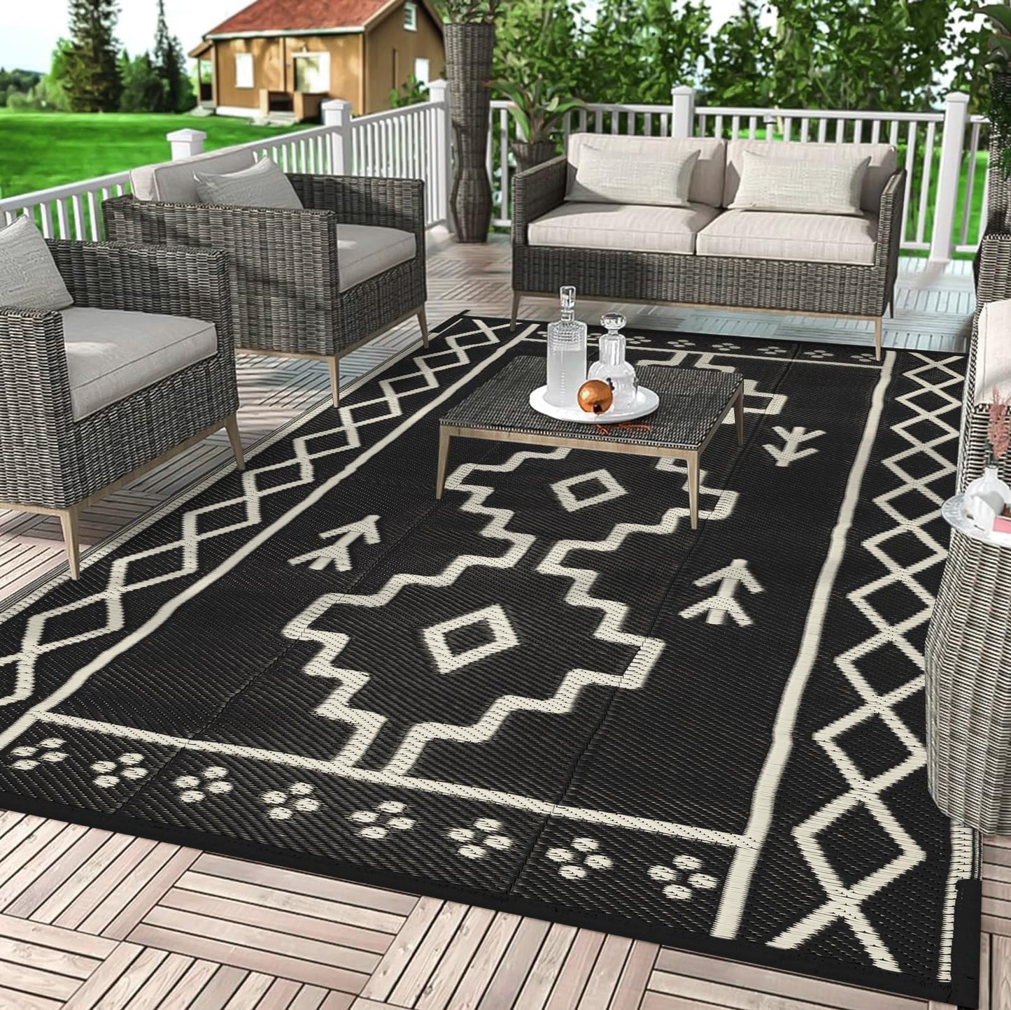 Uphome Outdoor Rugs 8x10 Waterproof, Reversible Black Boho RV Camping Rug, Patio Plastic Straw Outside Rug, Large Foldable Outdoor Mat Carpet for Backyard Deck Pool Balcony Picnic Beach, 8'x10'