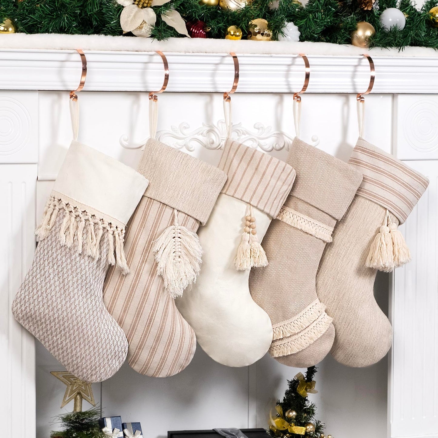 GEX Christmas Stockings 5 Pack for Family 20" Large Rustic Farmhouse Country Xmas Stockings with Tassels Hanging Ornament Decorations for Fireplace Xmas Season (Beige, Set of 5)