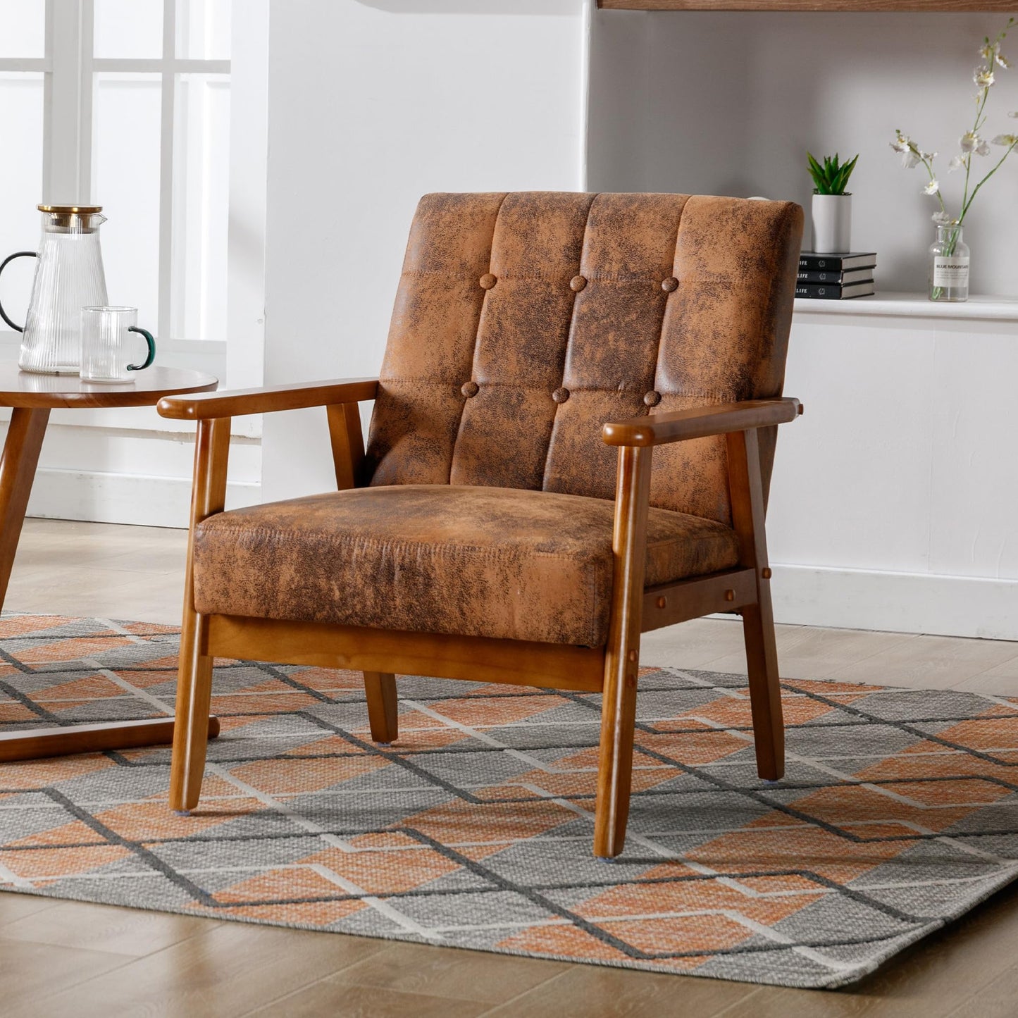 Kayflora Modern Accent Chair, Mid-Century Linen Armchair with Solid Wood Armrests, Button-Tufted Comfortable Cushioned Reading Chairs for Living Room, Bedroom (Coffee