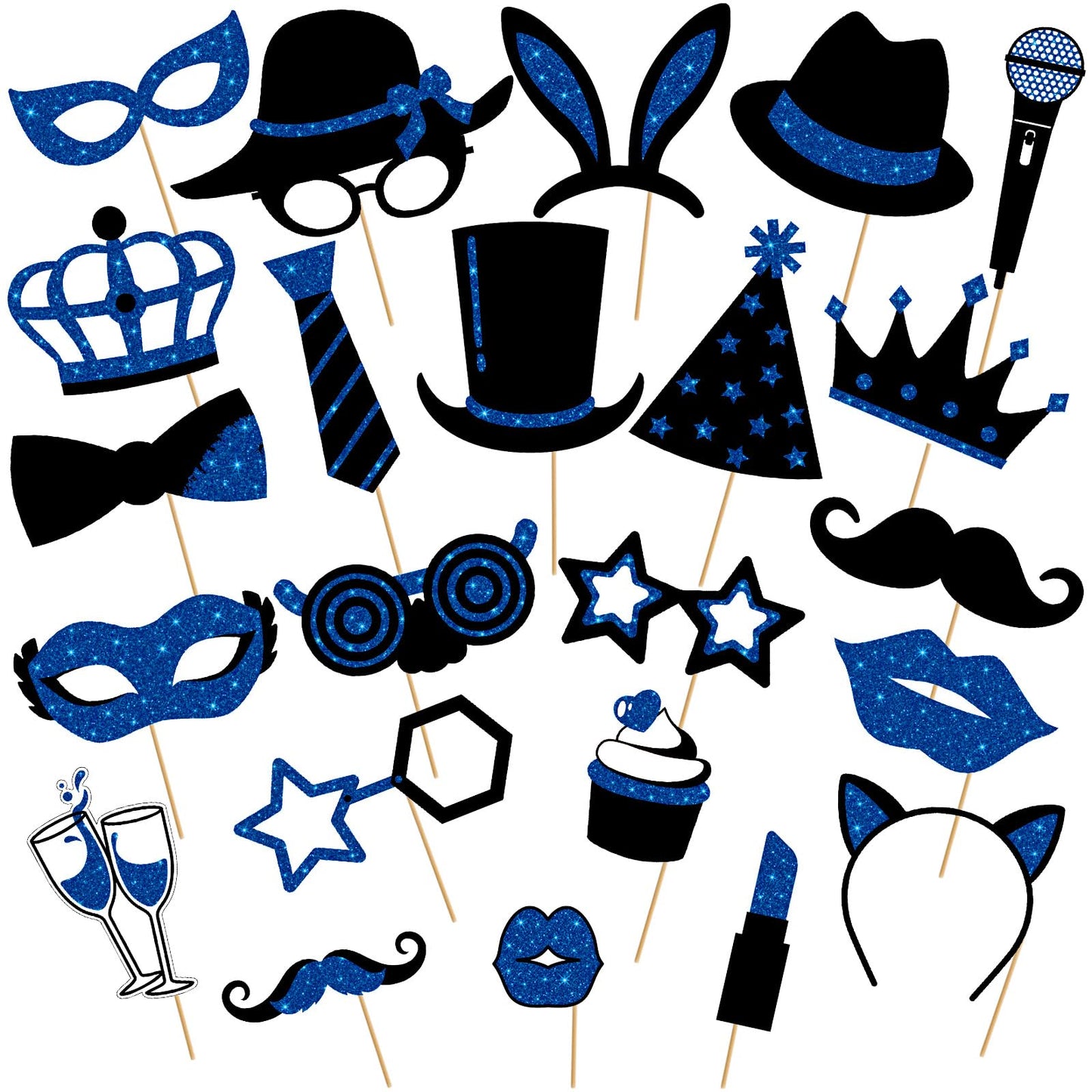 Zonon 24 Pcs Funny Photo Booth Props Class of 2026 Graduation Birthday Wedding Family Class Reunion Prom Disco Party Celebration Decoration Supplies Mix of Hats, Lipstick, Tie(Blue and Black)