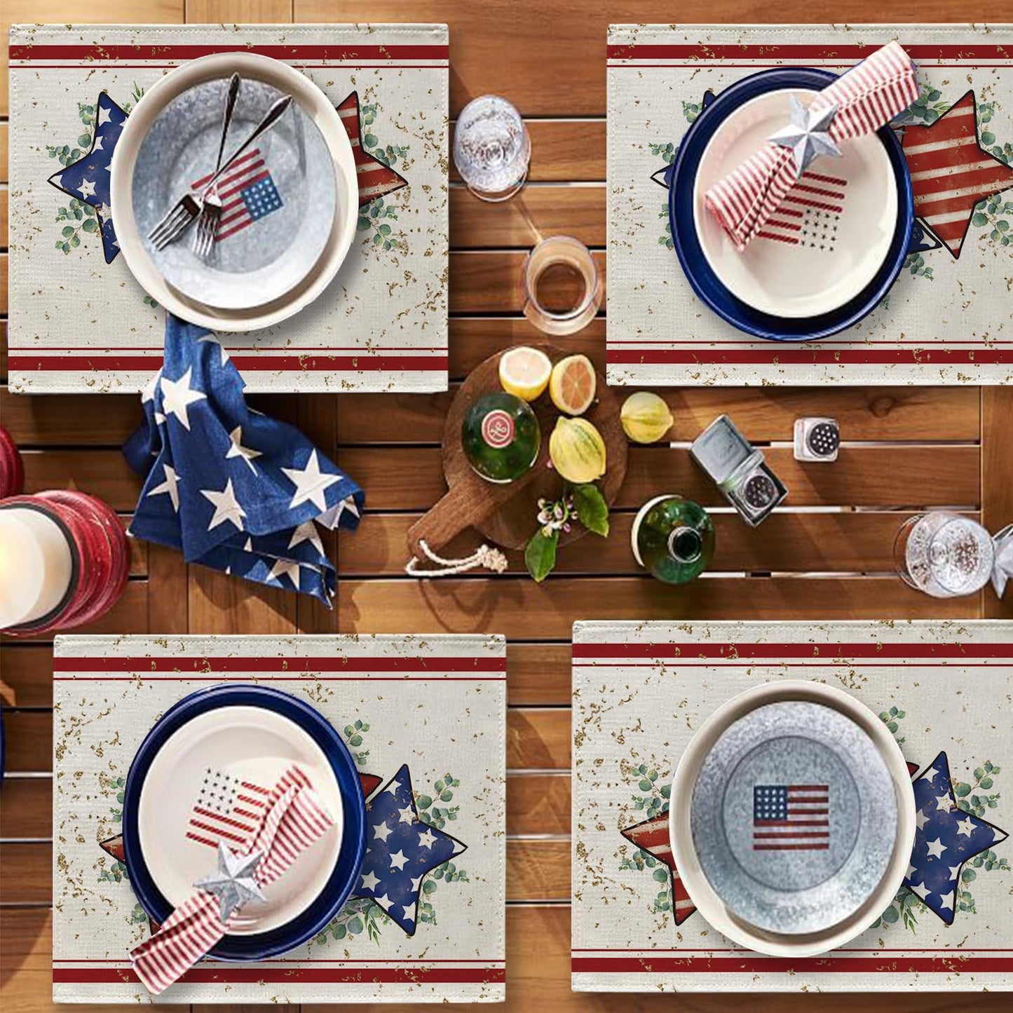 GPGHE 4th of July Placemats Set of 4 America Flag Stars Stripe 12x18 Inch Burlap Table Mats Patriotic Memorial Day Independence Day Seasonal Holiday Kitchen Dining Home Outdoor Party Table Decoration