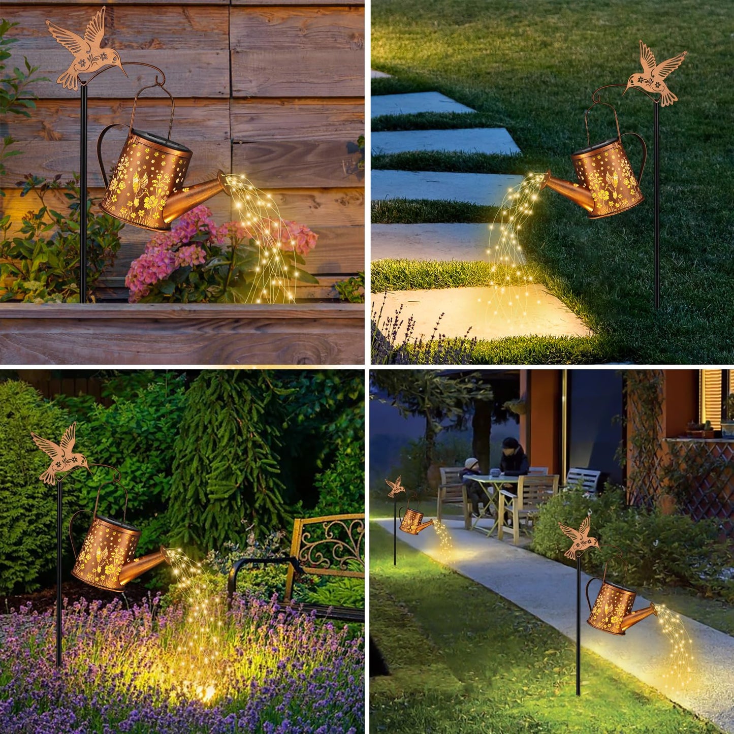 Gifts for Mom, Hummingbird Solar Lantern Outdoor Waterproof, Outside Metal Watering can Landscape Lights for Garden Yard Patio Pathway Decor Birthday Gifts for Women Grandma -with Pole