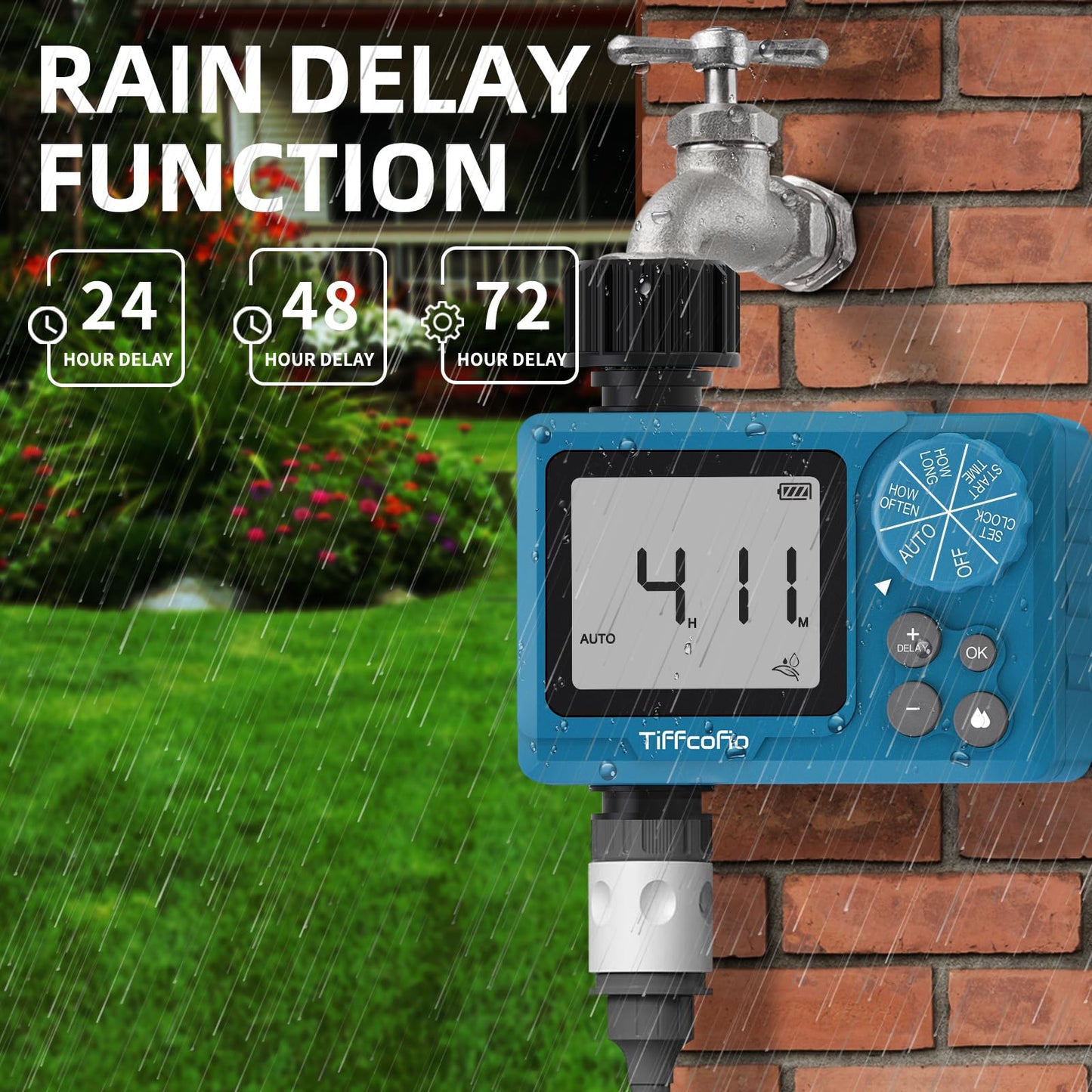 TiFFCOFiO Sprinkler Timer Outdoor, Digital Programmable for Garden Hose, Irrigrtion Timer with Rain Delay and Manual Mode (1 Pack)