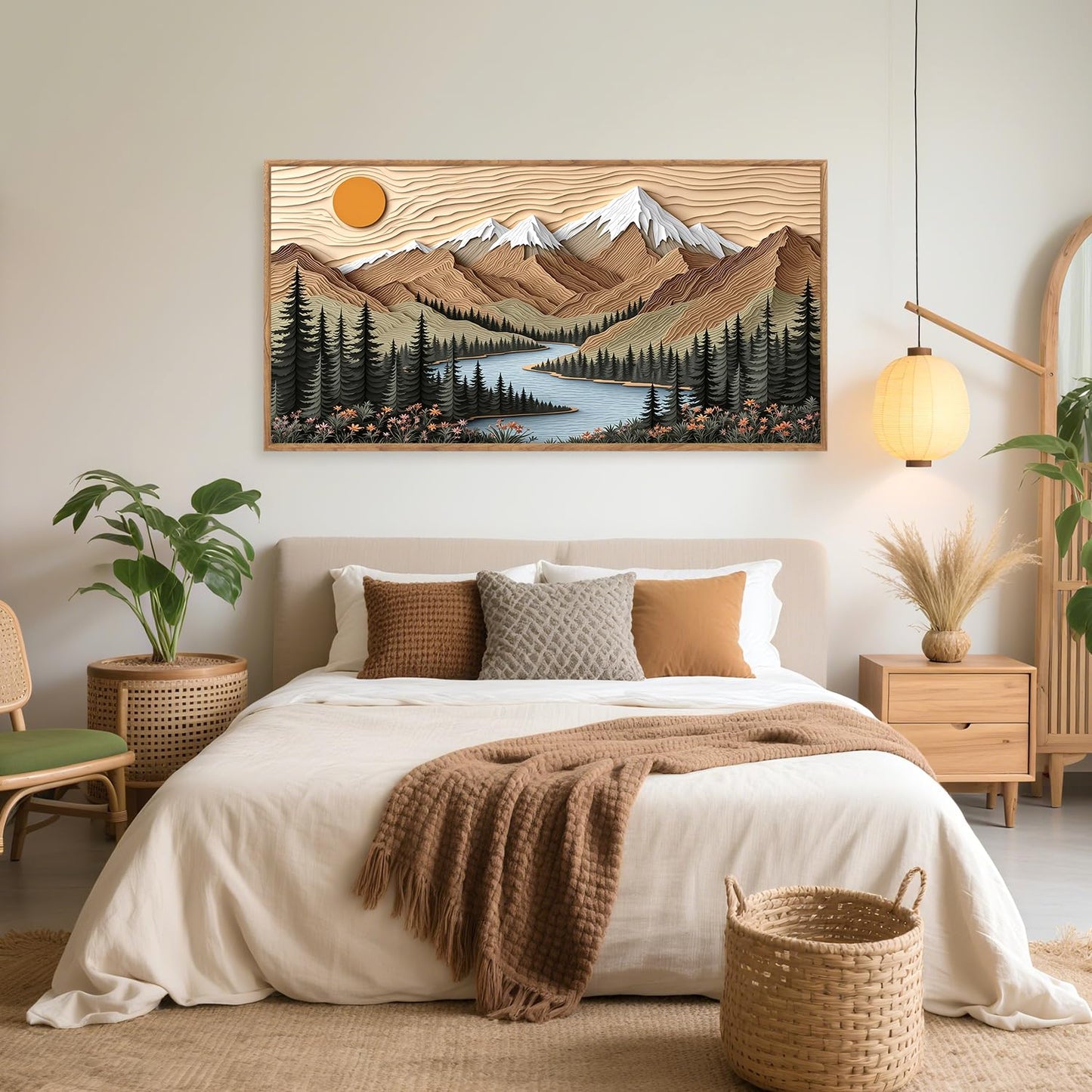 CHDITB Mountain Framed Wall Art, Long Horizontal Mountains Wall Decor, Sun Lake Pine Trees Nature Wall Painting, Modern Rustic Farmhouse Landscape Art Prints for Bedroom Office Decoration 20"x40"