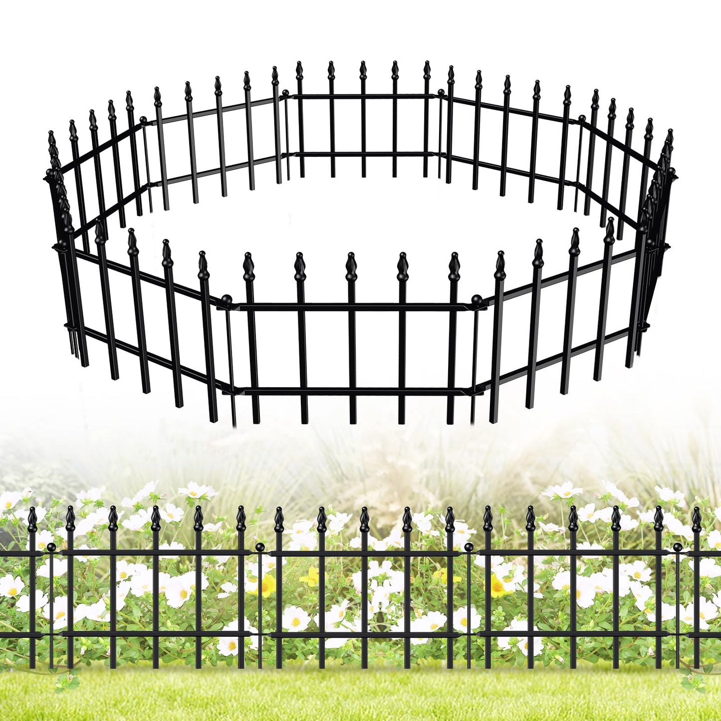 FOREHOGAR Decorative Metal Garden Fence 11in H x 12ft L, Small Border Fence Roman Column Deco, Garden Fencing for Flower Bed Lawn Landscape Outdoor, 10 Panels + 11 Stakes Black