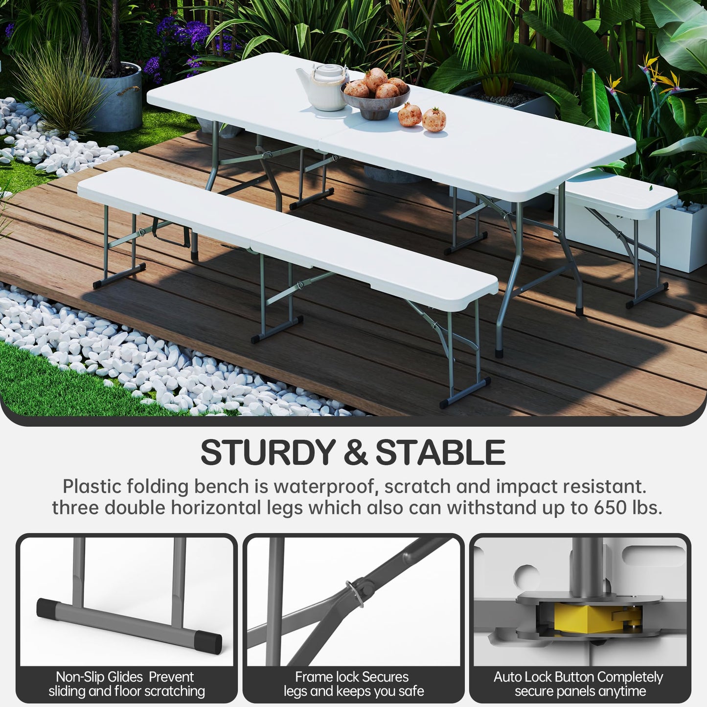 VSOAEIL 6 Foot Folding Bench, Portable Plastic Folding Bench Seat, Foldable Seat for Indoor Outdoor Picnic Camping Dining, Soccer Garden Multipurpose Entertaining Activities, White, 2 Pack