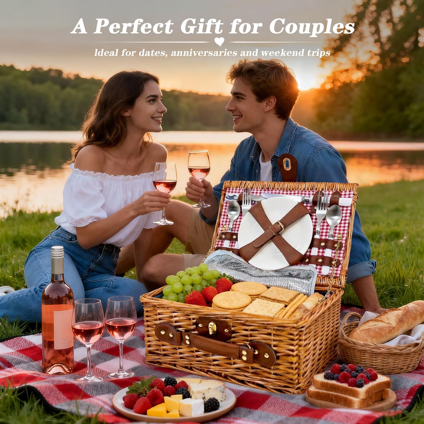 Picnic Basket for 2 - Picnic Basket with Cutlery Kit and Glasses, Insulated Picnic Set with Waterproof Liner, Portable Wicker Picnic Baskets with Lid and Handle for Outdoor, Picnic, Camping, Holidays