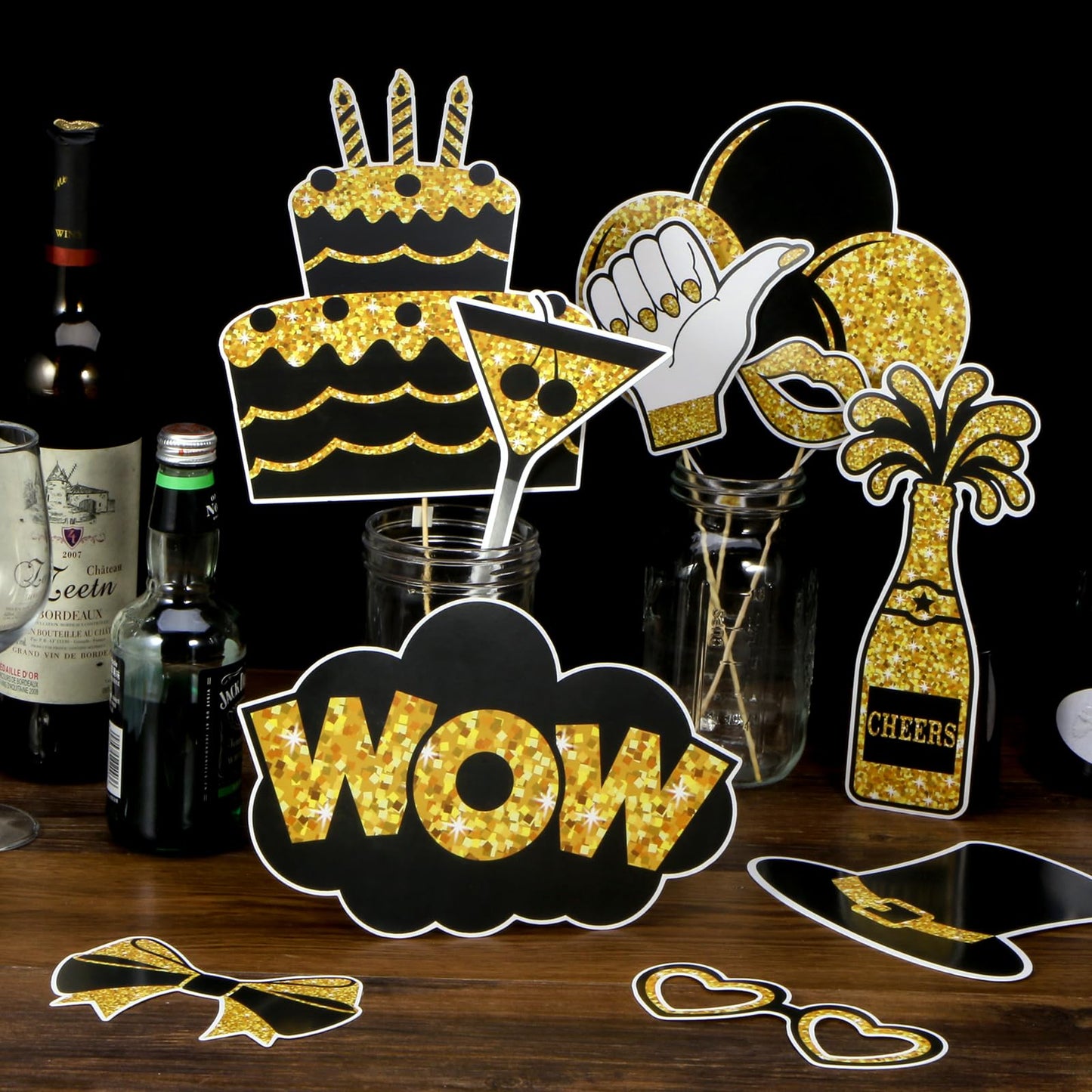 36PCS Black and Gold Photo Booth Prop, Birthday Party Photo Booth Props for Photoshoot Birthday Party Photobooth New Year Graduation Anniversary Party Supplies Black and Gold Graduation Decorations