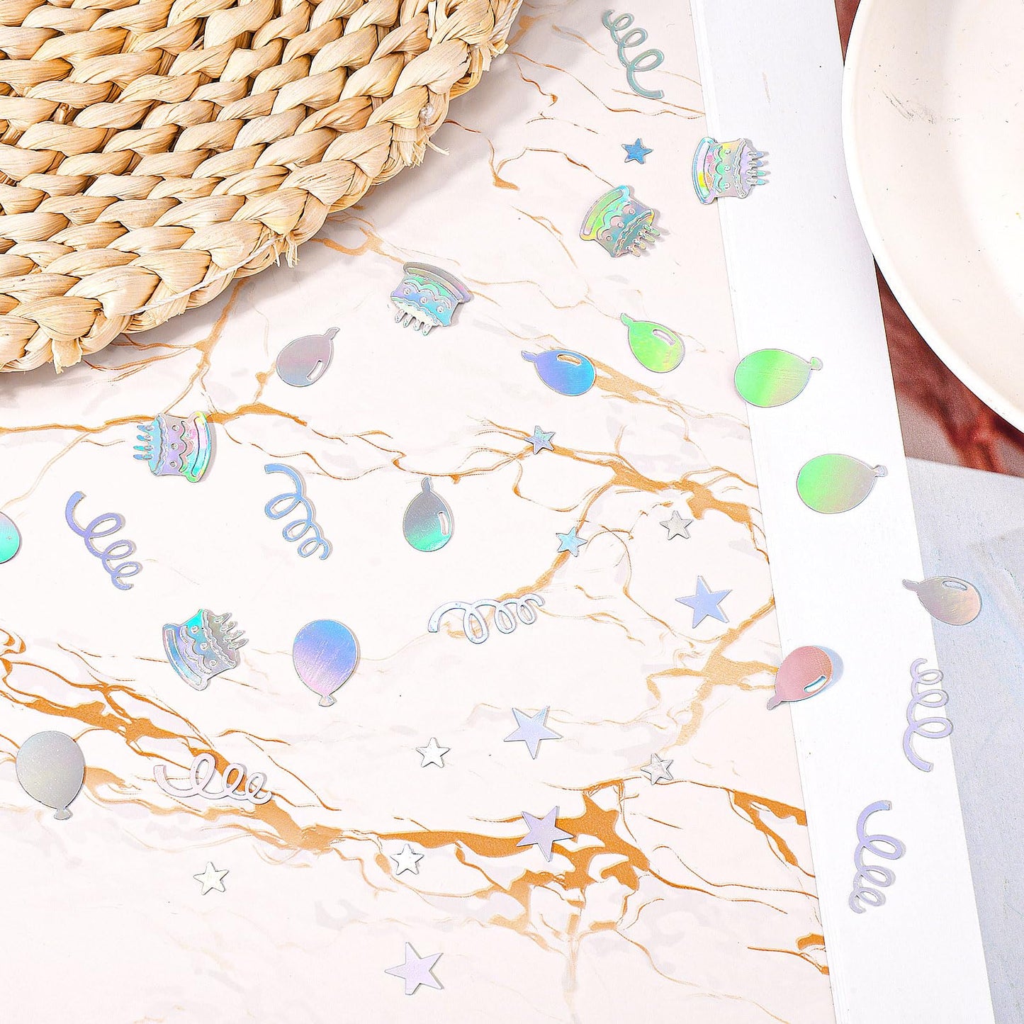 Gosknor 600pcs Birthday Confetti, Metallic Birthday Table Scatter Iridescent Party Confetti for DIY Crafts Cake Balloons Stars Ribbons Shapes Festive Table Decoration