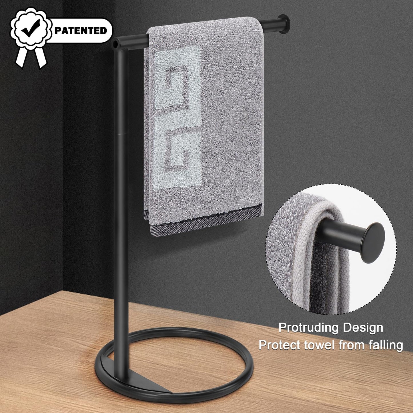 NearMoon Hand Towel Holder Stand, Thicken Metal L Shape Hand Towel Rack, Small Towel Ring, Stable Standing Towel Bar for Bathroom Kitchen Vanity Countertop, 8” L 14” H (Matte Black, 1 Pack)