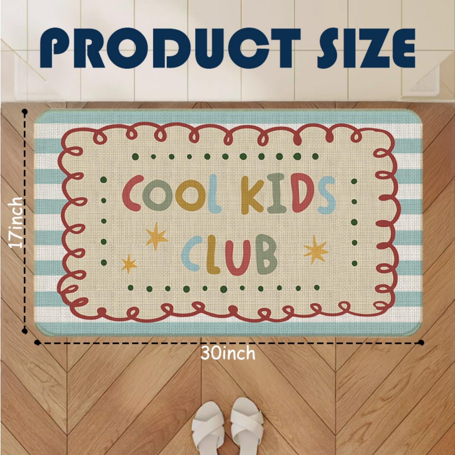 Chicimln Boho Welcome Door Mat for Kids Room Nursery Playroom, Cool Kids Club Non-Slip Linen Doormat Outdoor Indoor Entrance, Boho Striped Small Rugs for Entryway Front Door Porch, 17x30 Inch