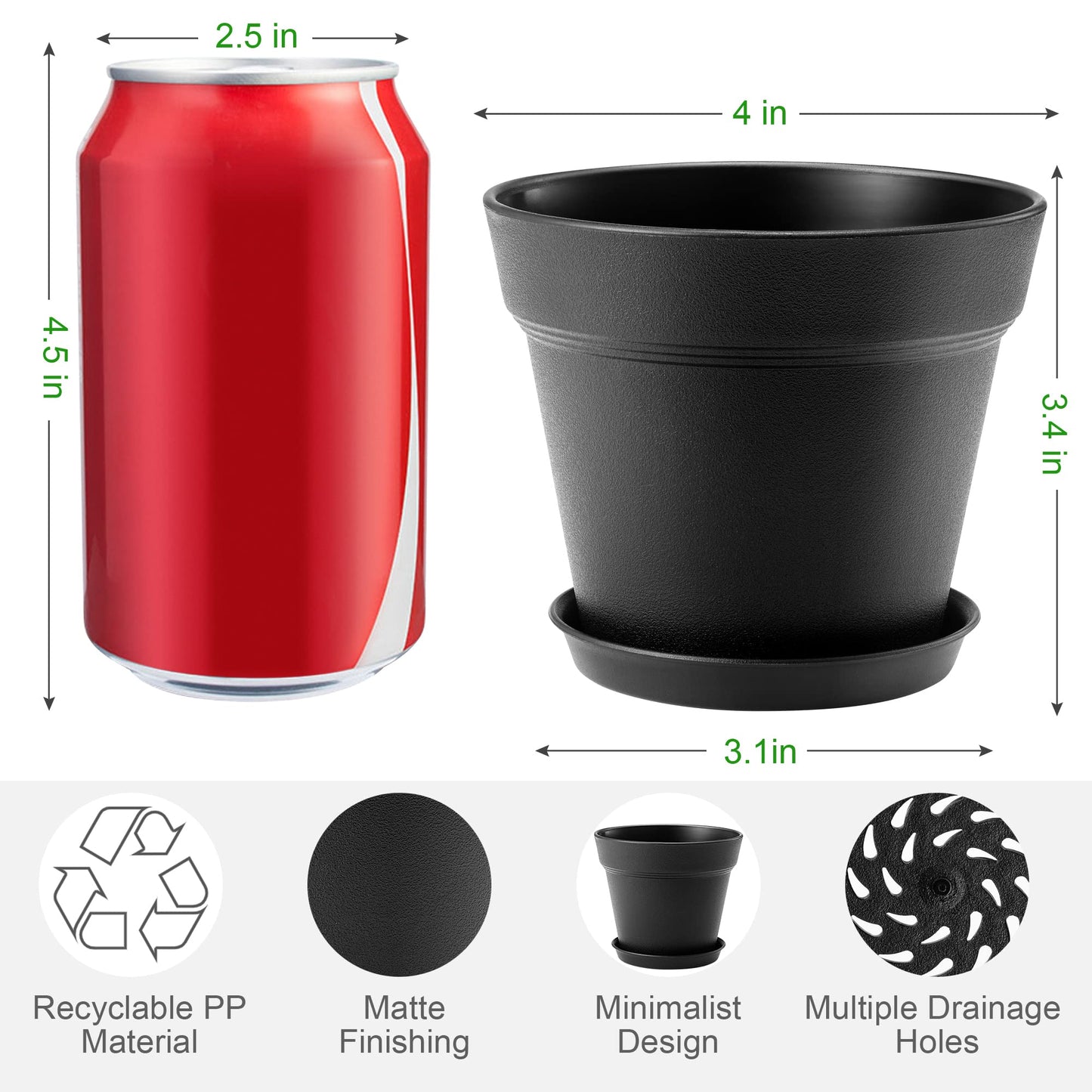 FHWTY 16 Pack Plastic Plant Pots with Drainage Holes and Tray, 4 inch Thickened Indoor Planters Seedlings Nursery Pots for Flowers, African Violet, Succulent and All House Plants, Black