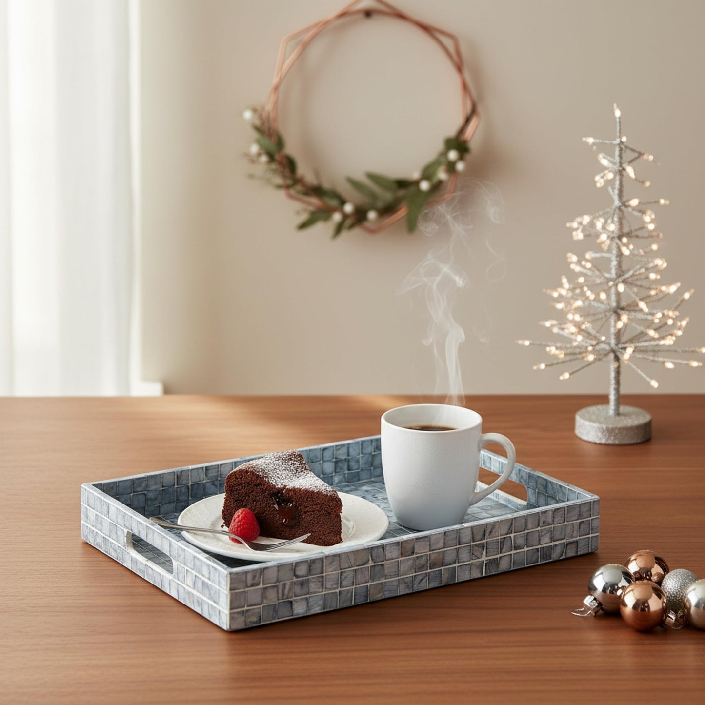 PEMAR Rectangular Mother of Pearl Serving Tray Nacre Wood Lap Ottoman Tray for Coffee Table, Luxury Decorative Handmade Eating Platters w Insert Handles (Blue Mosaic)