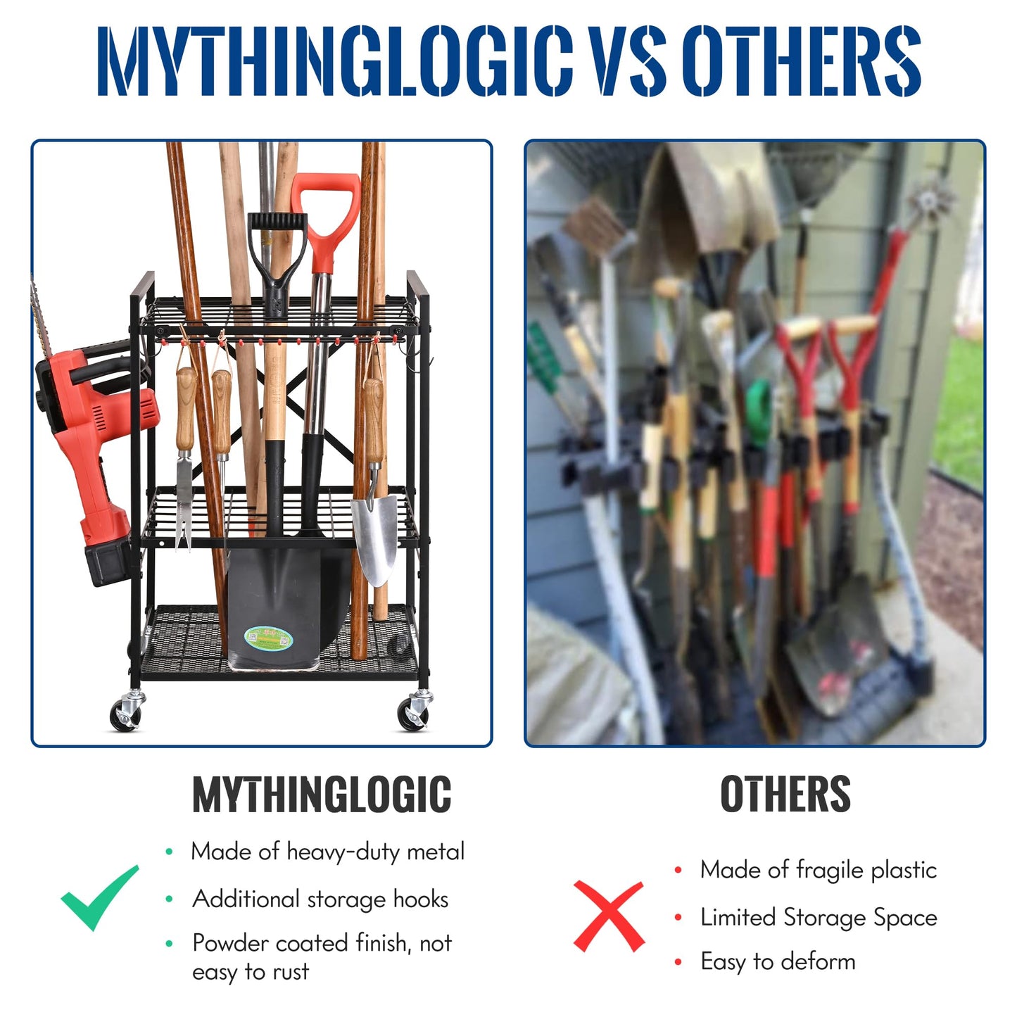Mythinglogic Garden Tool Organizer for Garage, Yard Tool Rack with Wheels, Garage Organizers and Storage Holder for Yard Tools (Small Tower)