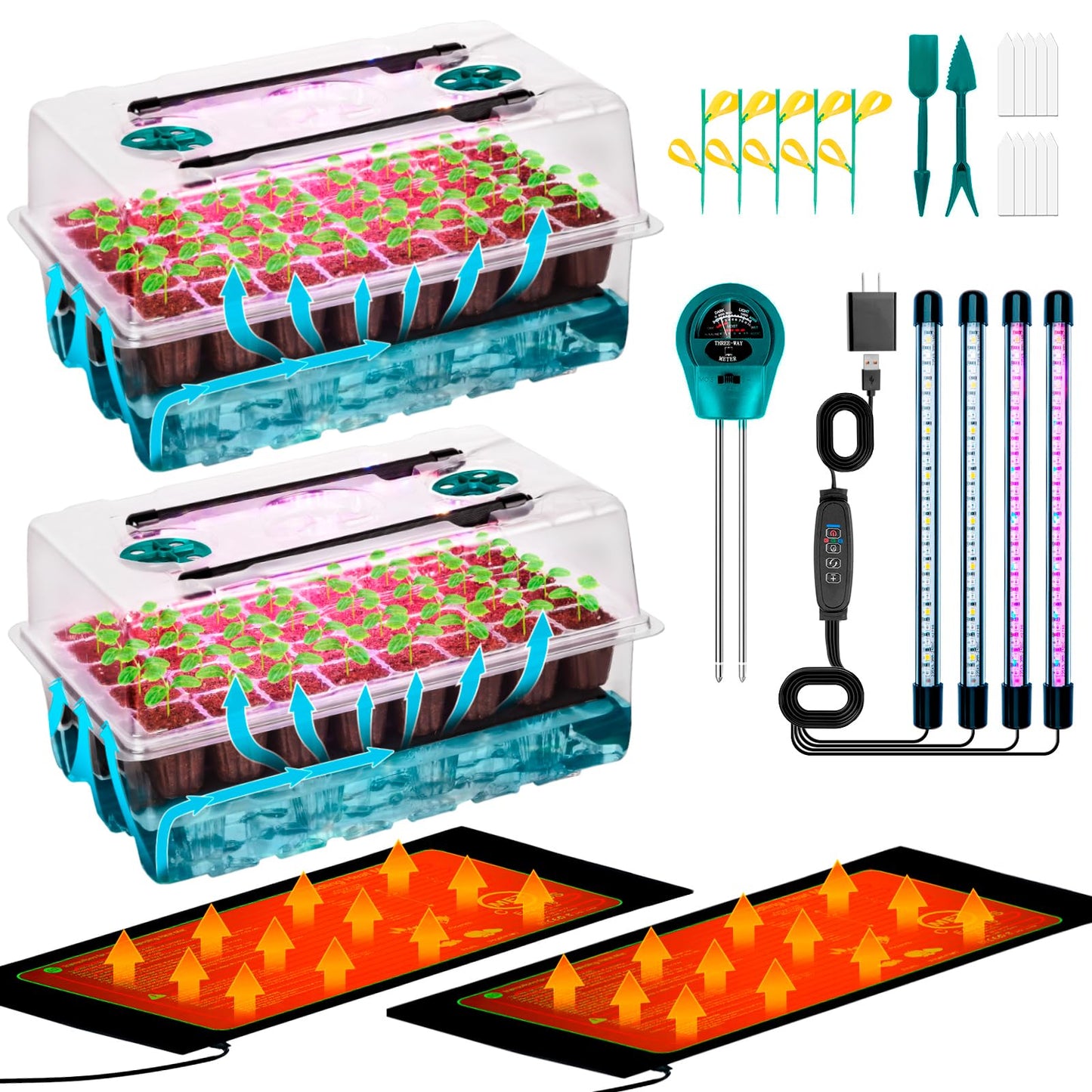 Hugbow Self-Watering Seed Starter Tray with Grow Light and Heat Mat, 80-Cell Plant Starter Trays Seed Starter Kit, Seed Starter Tray for Seed Starting, Plant Germination & Seedling Growing, 2 Pack