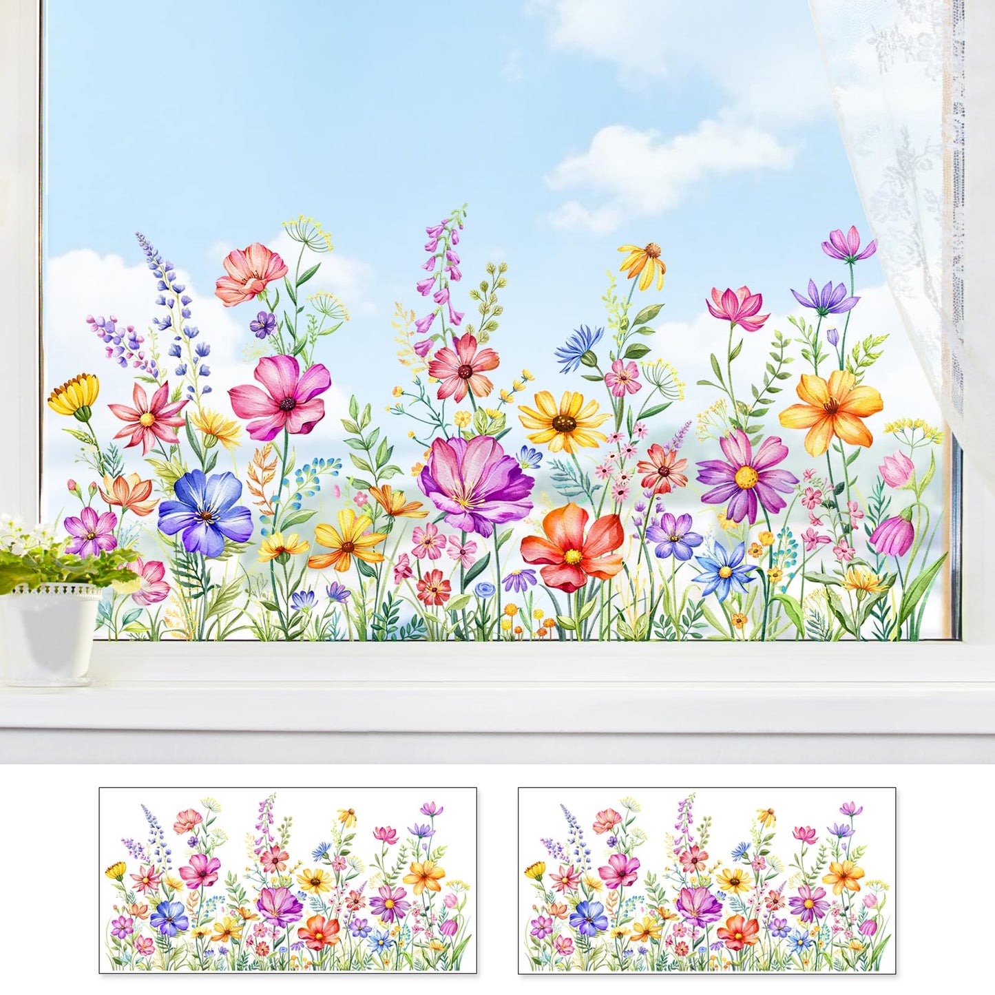 2 Sheets Wildflower Static Window Clings Colorful Spring Summer Floral Window Stickers Double-Sided Anti-Collision Glass Door Mirror Decals