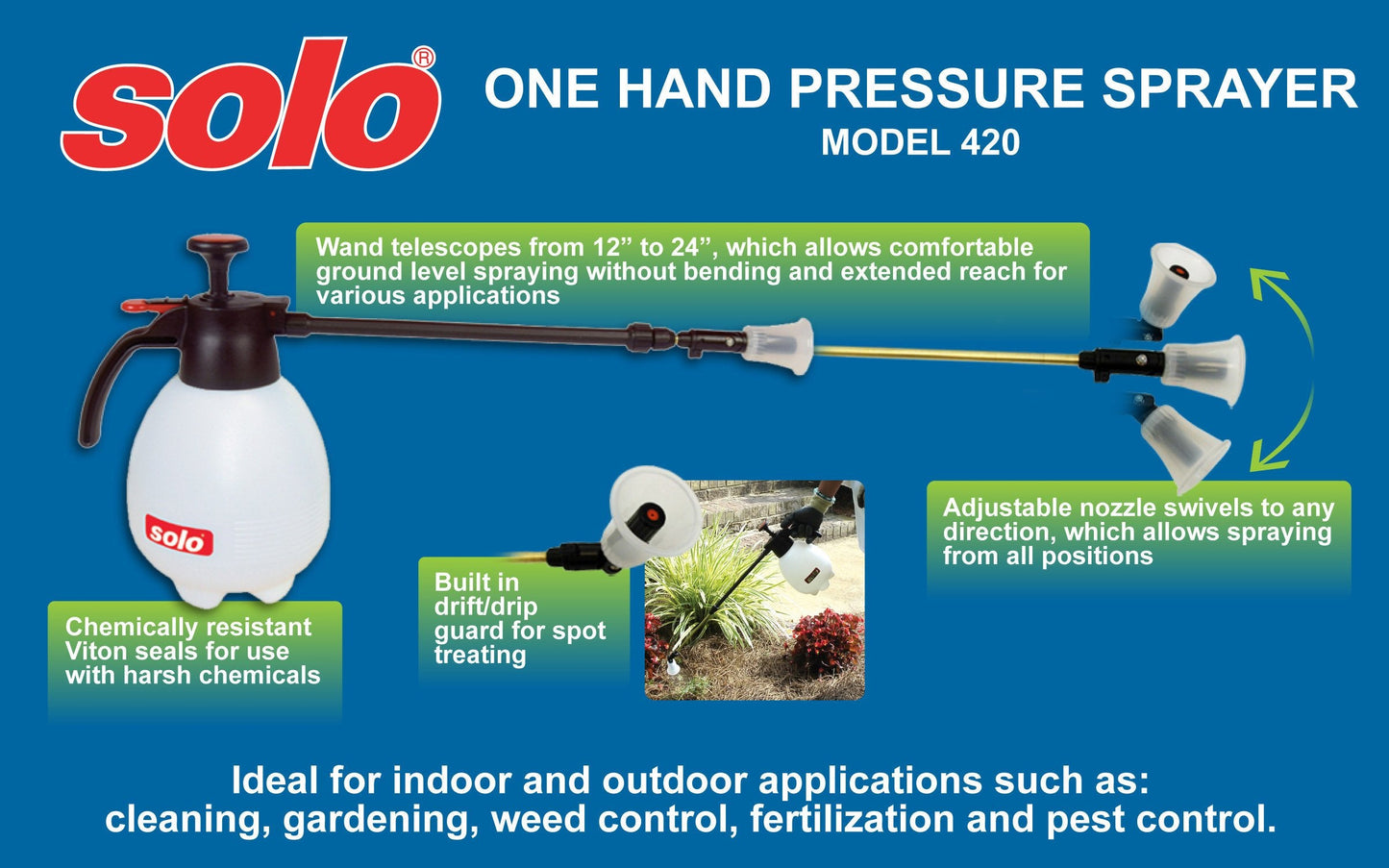 Solo 420 2-Liter One-Hand Pressure Sprayer with Adjustable Telescoping Wand