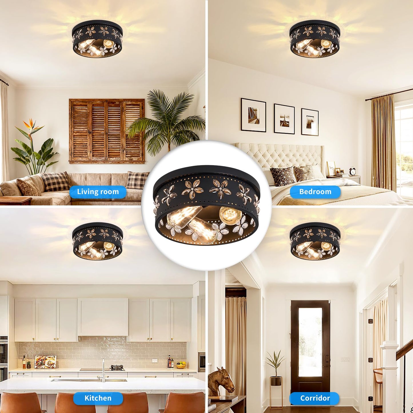 Glintawn 12.6 inch Black Flush Mount Ceiling Light Fixtures, 3-Light Ceiling Mount for Industrial, Crystal Light Fixtures for Farmhouse, Bedroom, Living Room, Kitchen, Hallway and Foyer (1 Pack)