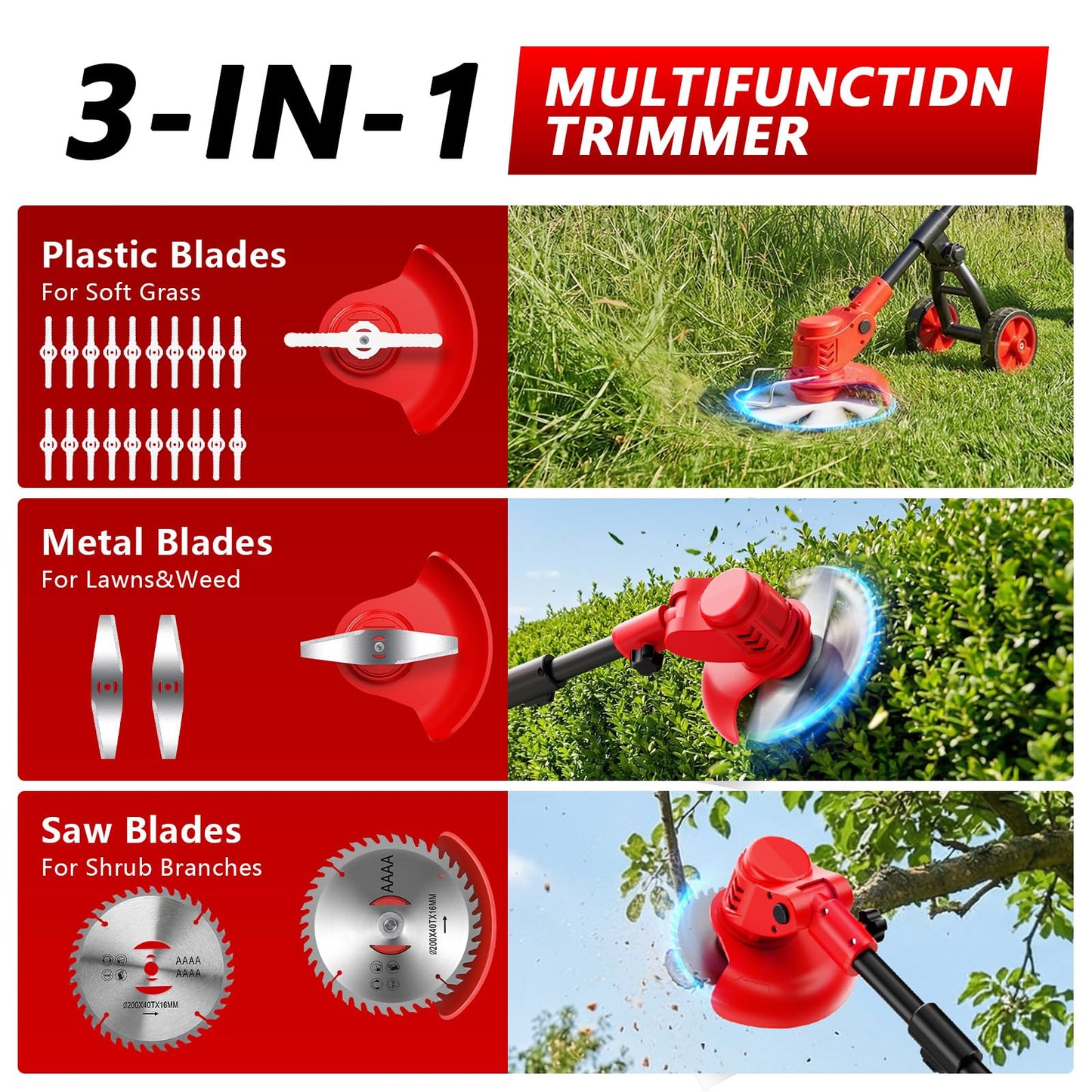 Electric Weed Wacker Cordless, 4000mAh Weed Eater Battery Powered with Wheel, 4 in 1 Grass Trimmer/Heavy Duty Brush Cutter/Lawn Edger/Weed Trimmer, No String Trimmer with Blade, 2 Battery Garden Tool