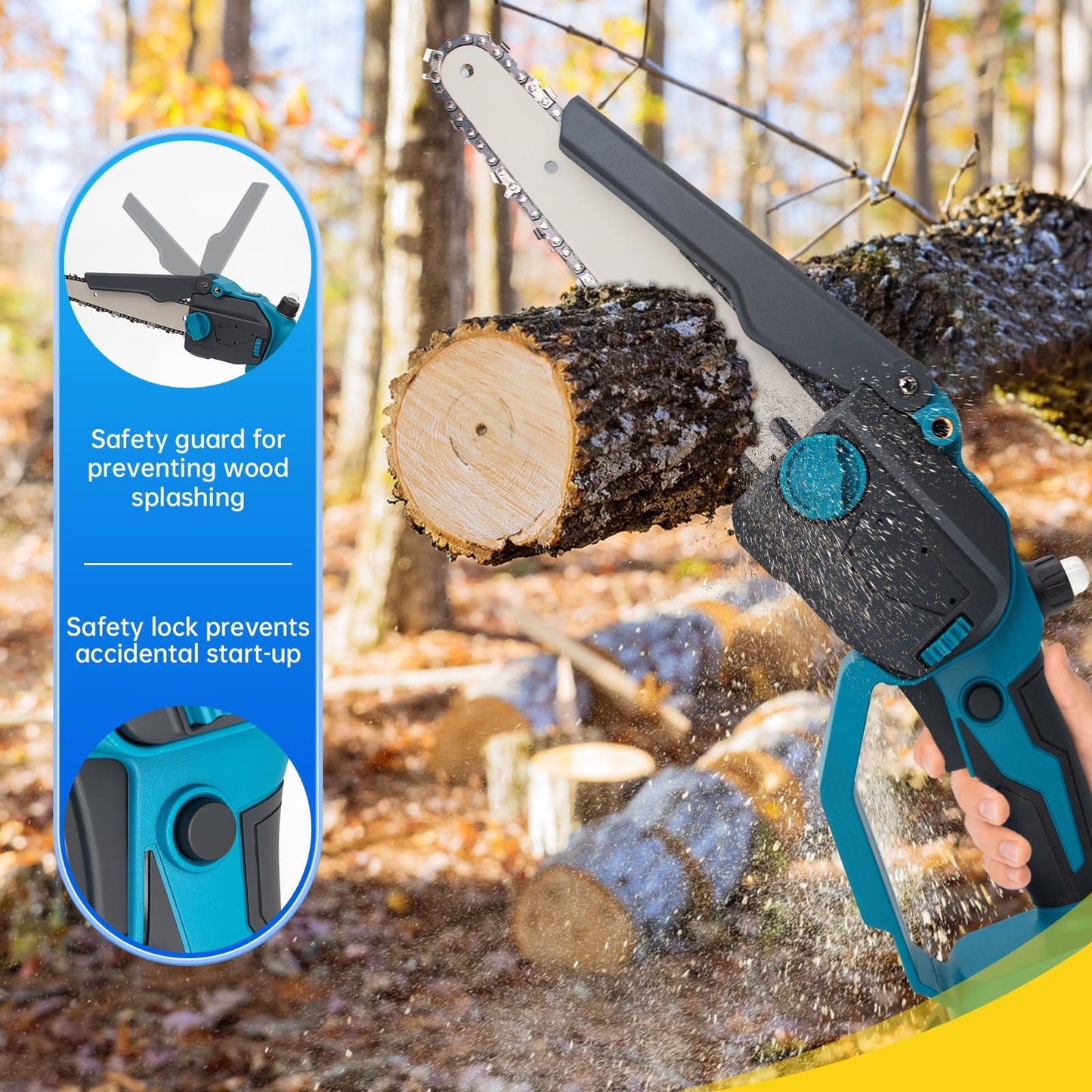 Cordless Chainsaw with Brushless Motor,6&8-Inch Mini Chainsaw,with 2×6-inch Chains,2×8-inch Chains,2 Guide Plates,2 High-Capacity Batteries.Featuring Safety Lock for Tree Pruning & Wood Cutting Tasks