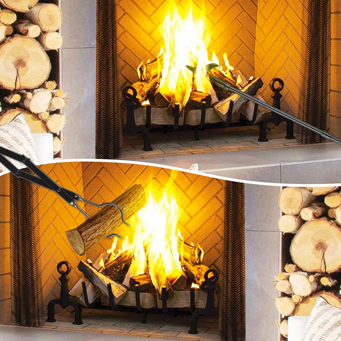 FEED GARDEN 32 Inch Fireplace Poker and 26 Inch Fireplace Tongs Set for Fire Pit Fireplace Tools Accessories Log Grabber Set For Camping Wood Stove Patio Campfire Picnic Indoor Outdoor