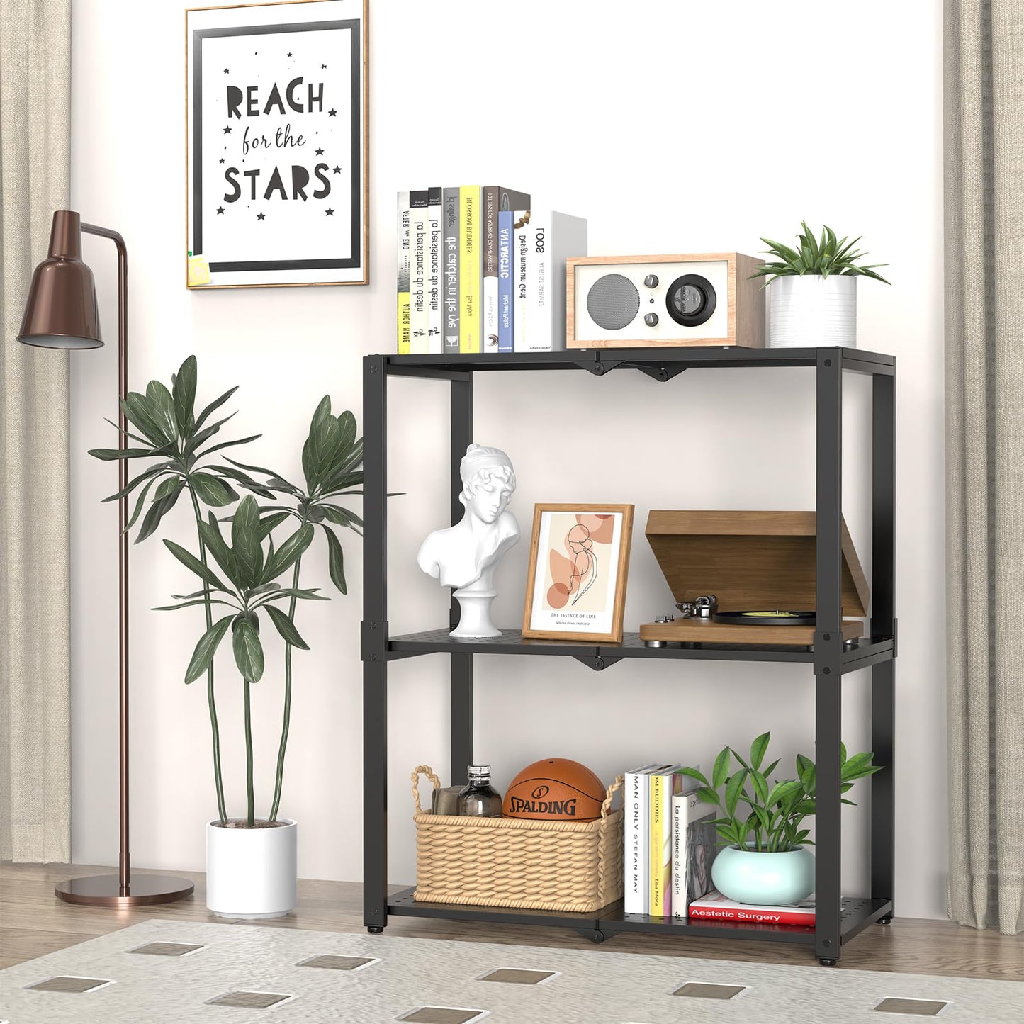 Hastatii 3-Shelf Storage Shelving Unit Metal Rack Heavy-Duty 28"x13.5"x33.5" for Garage, Kitchen and Bedroom Layers Increased Black