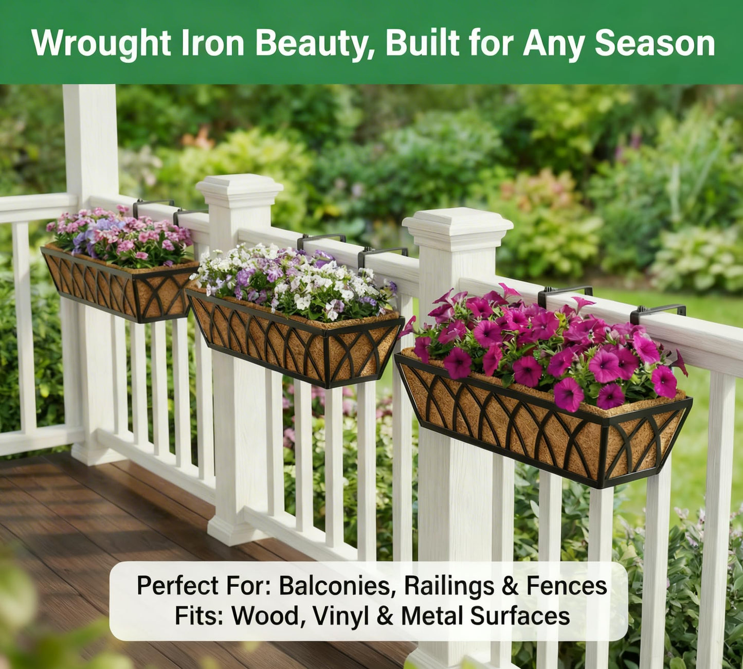 Y&M 4pcs 24 Inch Planter, Metal Window Boxes with Coco Liner, Indoor Outdoor Hanging Flower Planter for Garden, Lawn, Balcony, Porch, Fence, Patio Rail
