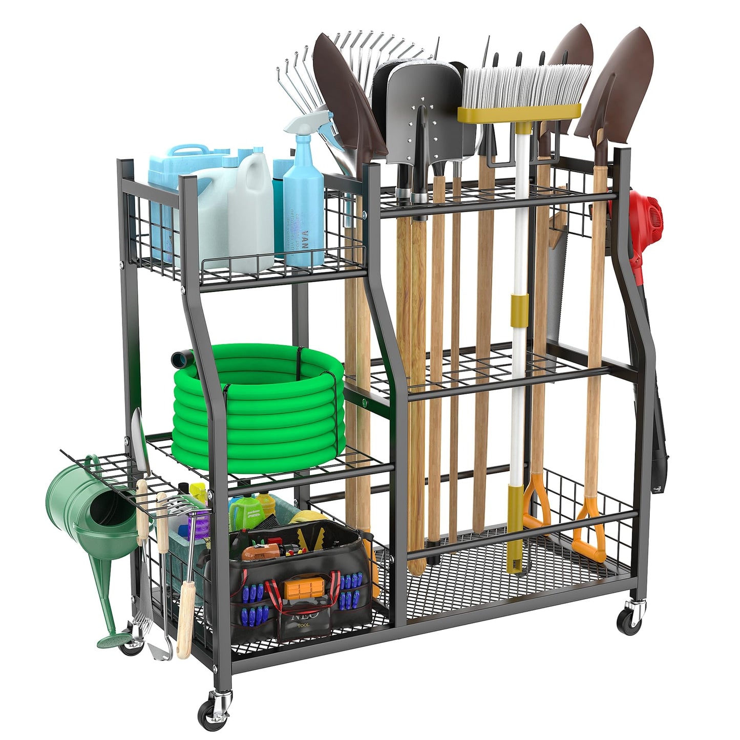 WALMANN Garden Tool Organizer with Wheels for Garage, Large Storage Capacity, Rakes/Shovels/Yard Tools Storage Stand for Shed, Garden, Indoor/Outdoor Long-Handled Tools Rolling Cart