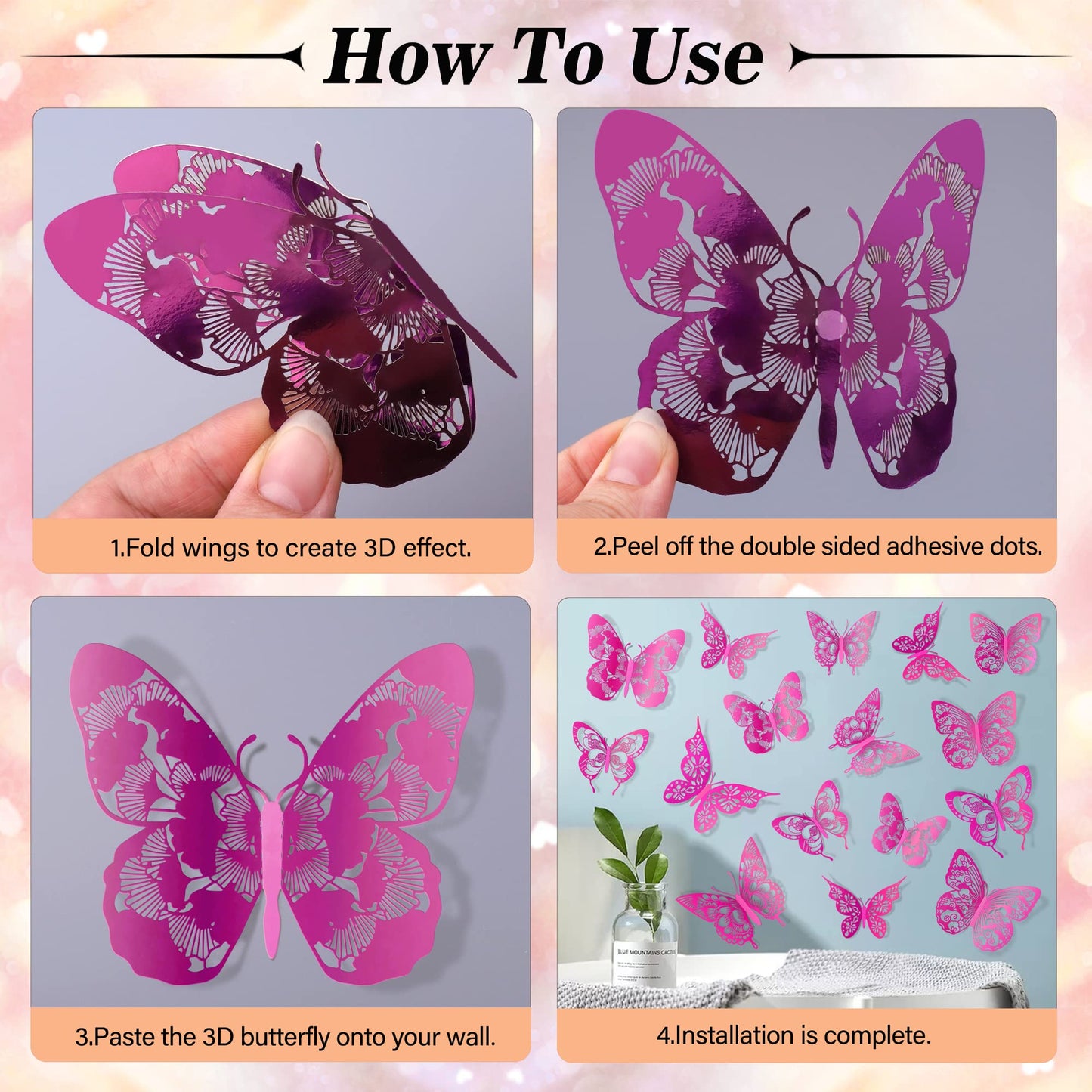3D Butterfly Wall Decor 60pcs 5 Styles 3 Sizes Butterflies Wall Sticker Removable DIY Hollow PVC Butterfly Wall Decals for Kids Baby Bedroom Girls Teens Nursery Classroom Wedding Birthday Cake Party