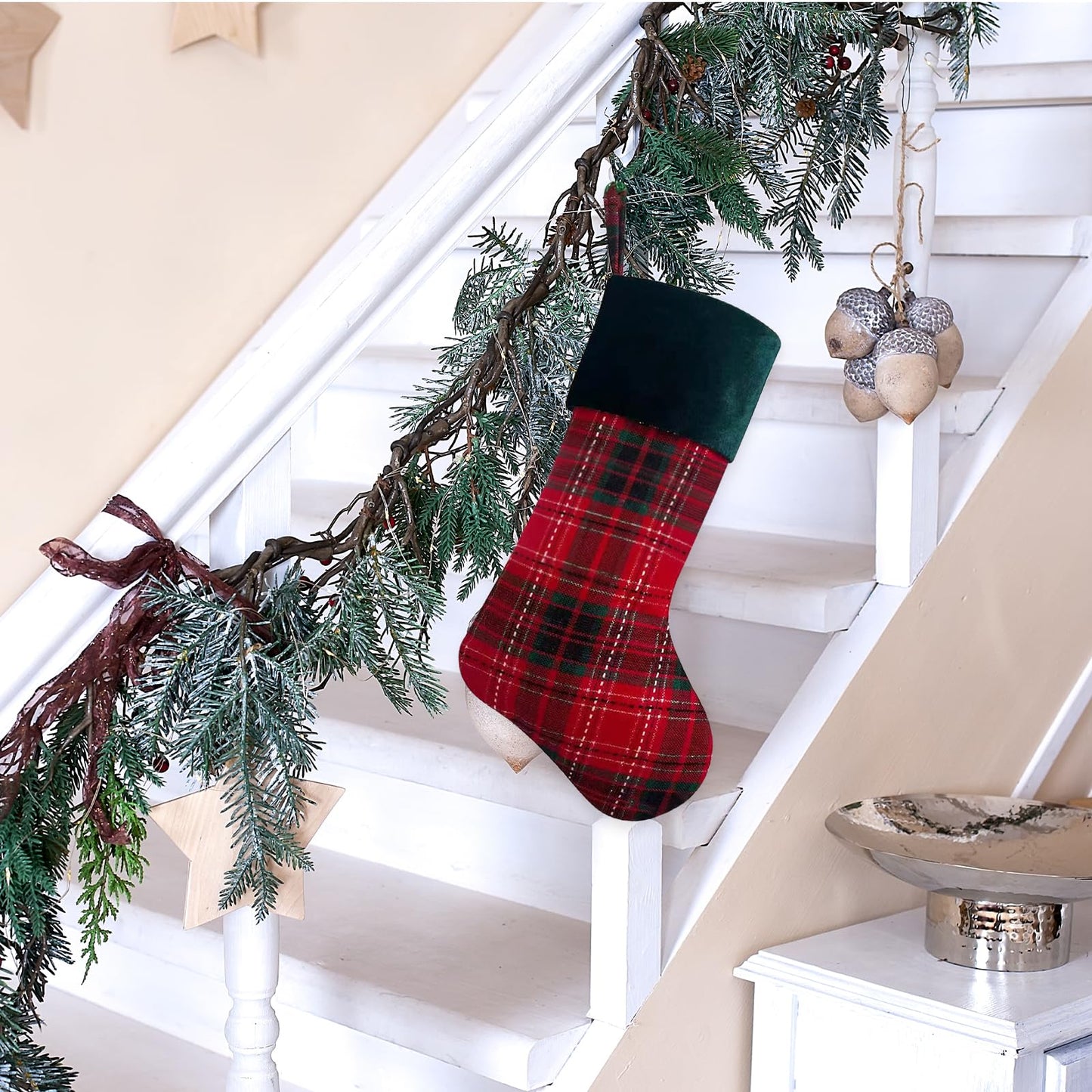 Ftuuo Red Buffalo Plaid Christmas Stockings, Green Faux Fur Xmas Fireplace Hanging Ornaments Sock Plush Cuffs Candy Stockings for Family Christmas Holiday Decorations
