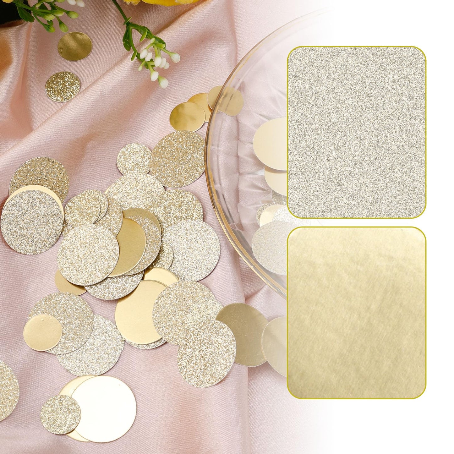 200pcs Round Golden Confetti, 2 Styles & 2 Sizes Gold Circle Confetti Dots Glitter & Smooth Scatter Table Sequins for Wedding Birthday Baby Shower Party Circle Dot Decor