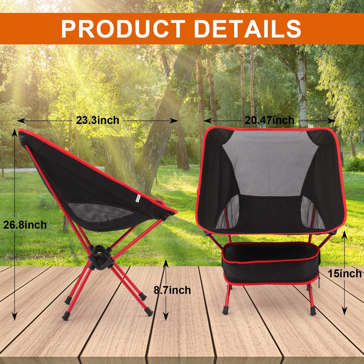 Veathzet Ultralight Camping Chair, Foldable Portable Camping Chair with Breathable Nylon Mesh, Compact Design & Carry Bag for Hiking, Backpacking, Beach, Concerts (Black&red)