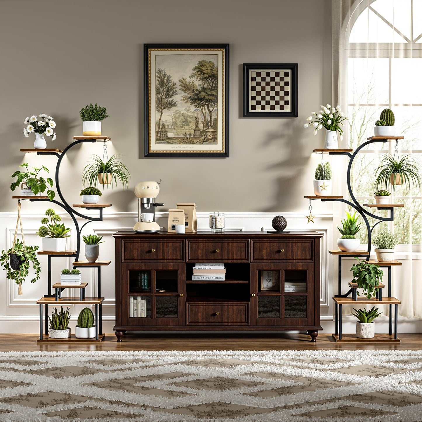 VECELO 66.1" Tall Plant Stand Indoor with Grow Lights, 9-Tier Plant Shelf with Hanging Hooks, S-Shaped Metal Plant Rack, Space-Saving for Home, Living Room & Corner Spaces, Brown