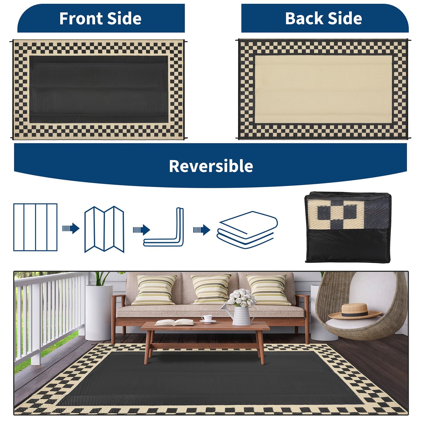 Checkered Outdoor Rug 8x10 Waterproof Modern Bordered Patio Rugs Plastic Straw Rug Large Indoor Outdoor Throw Carpets Reversible Mat for Picnic, Backyard, Rv, Beach, Deck, Camper, Balcony, Black