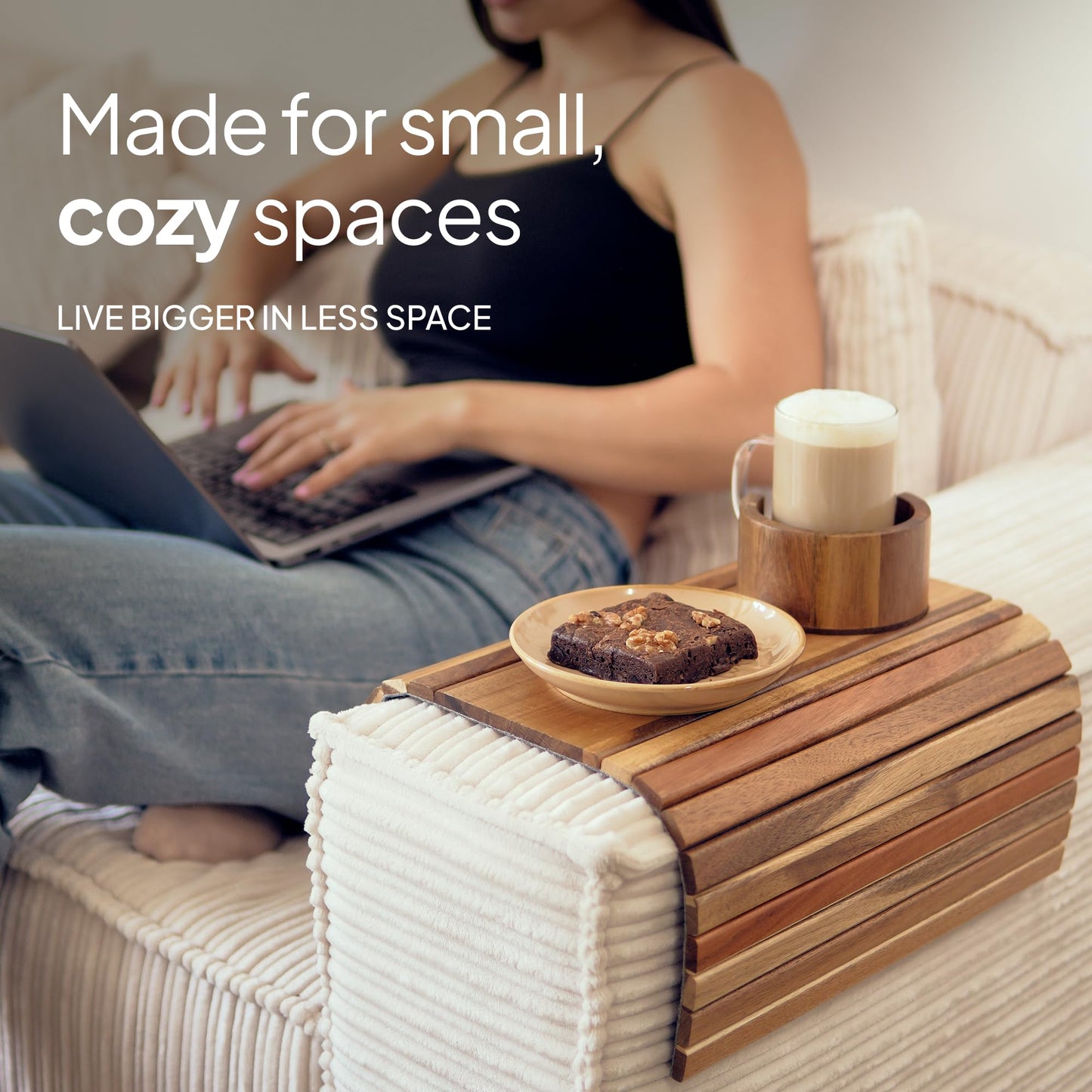 Acacia Couch Arm Tray for Drinks and Snacks with Detachable Cup Holder, Anti Slip Base and Foldable Design, Wooden Sofa Arm Tray for Convenient Couch Side Use