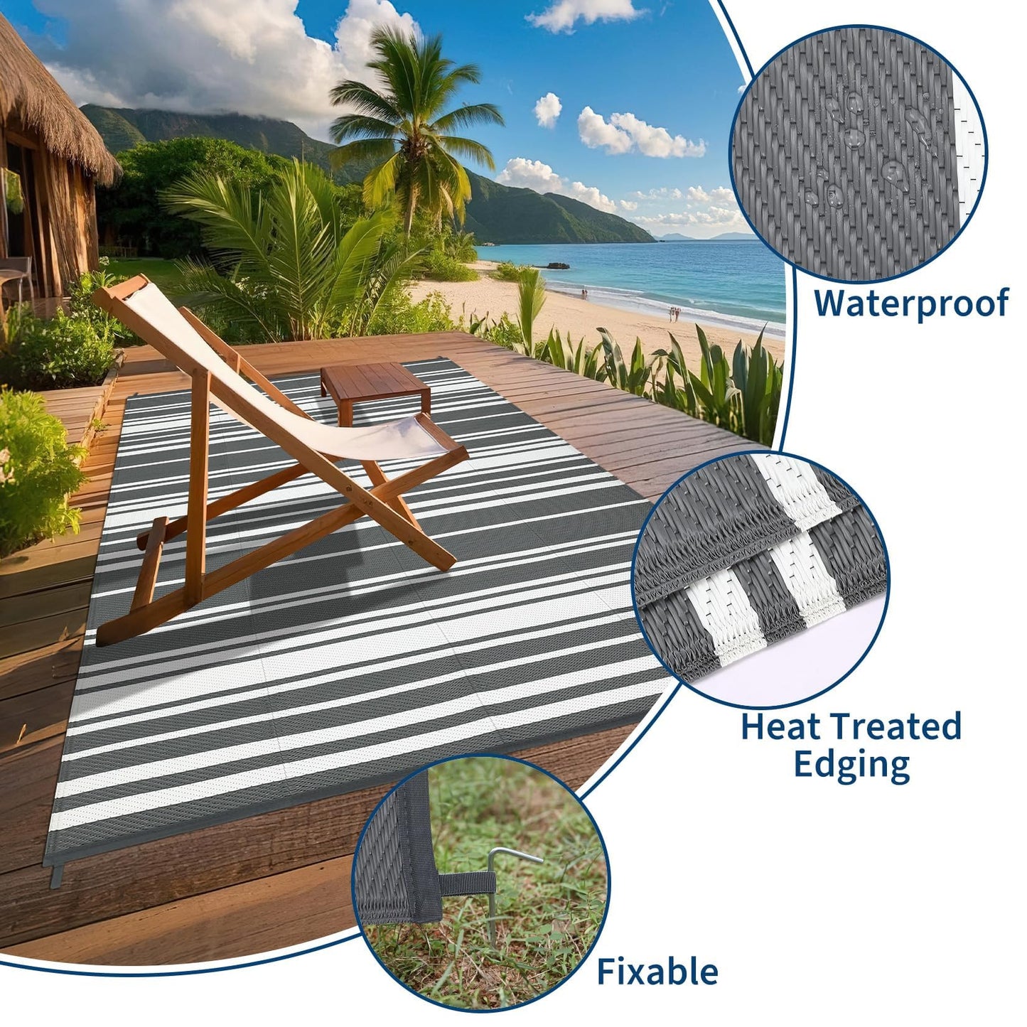 Jojoka Modern Outdoor Rug Reversible Plastic Straw Rug, Geometric Lines Pattern, UV-Resistant Portable Camping Carpet for Patio, RV, Deck, Trailer & Poolside