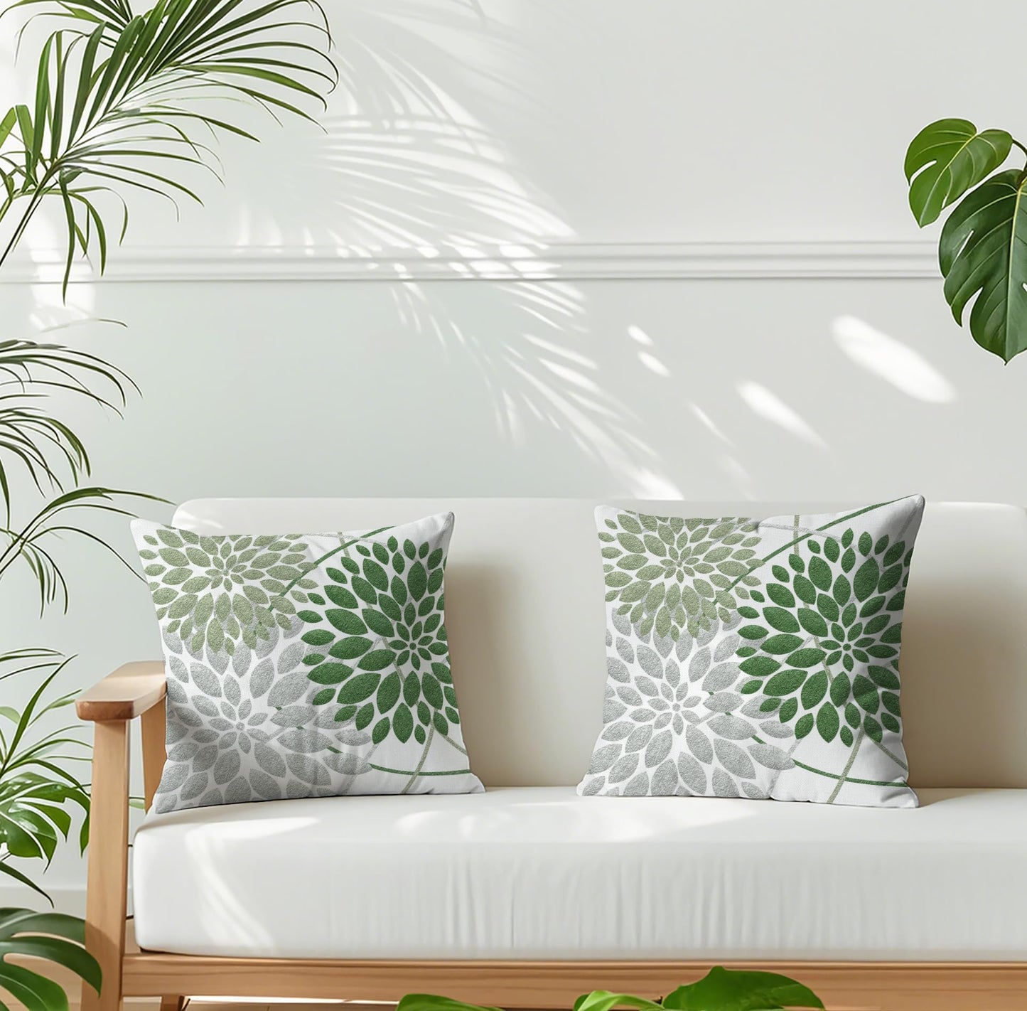 WitHero Decorative Throw Pillow Covers Set of 2, Double-Sided 18x18 inch White Linen Green Silver Grey Pillow Cases, Farmhouse Indoor Outdoor Modern Floral Dahlia Flowers Cushion Cover for Couch Sofa