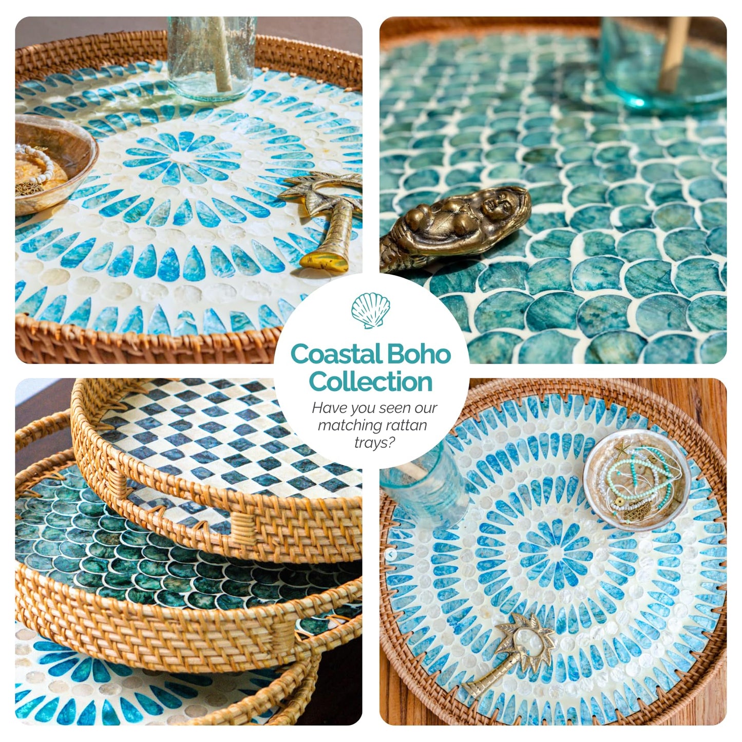 JUNGLE CULTURE Mother of Pearl Rattan Coasters for Drinks with Holder • Handmade Round Coaster Set of 6 • Sustainable Wicker Homeware • Coffee Table, Mugs, Glasses, Tiki Cups • Coastal Boho - Cascade