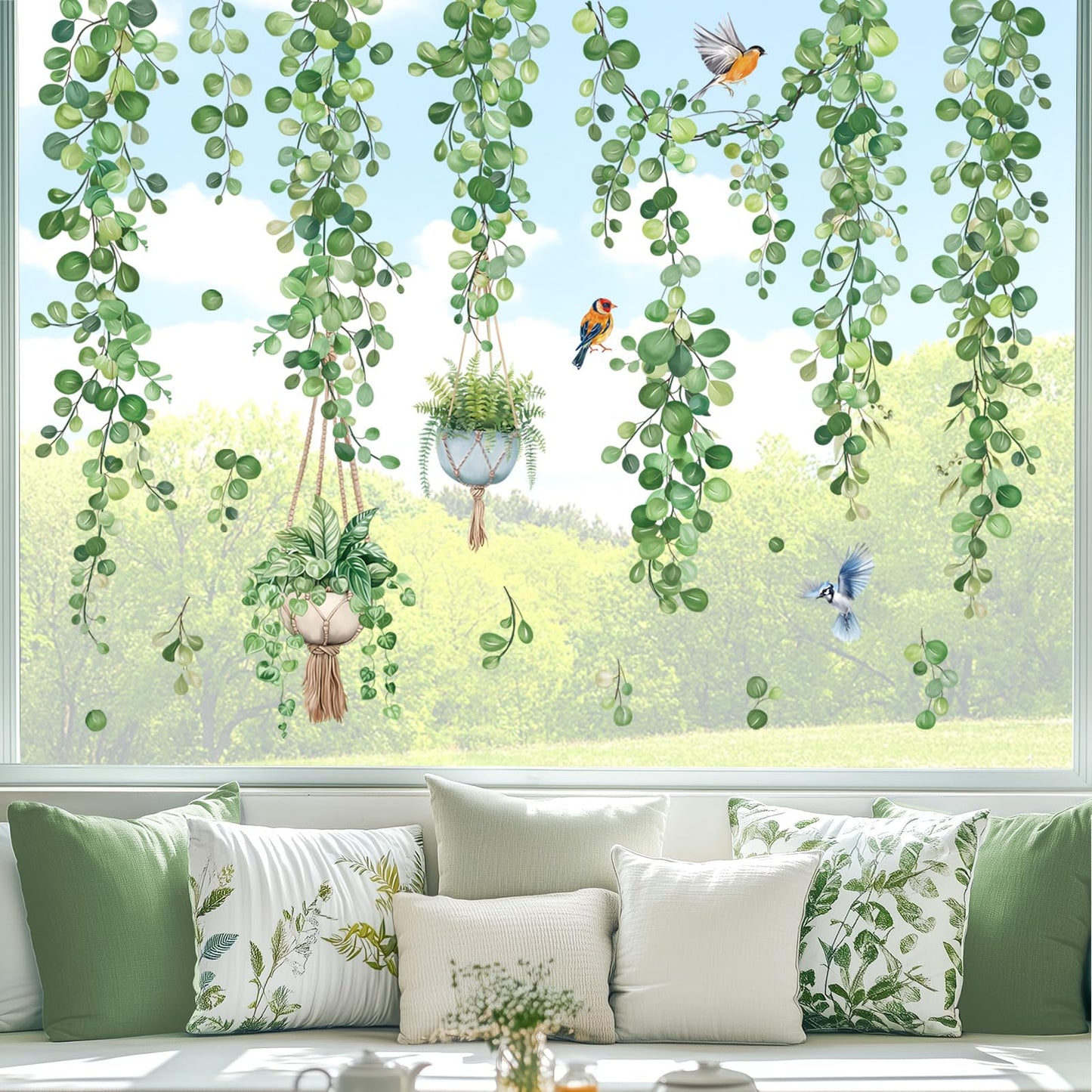 decalmile Spring Hanging Vine Double Sided Window Clings Green Leaves Plants Window Decals Anti-Collision Glass Window Doors Window Stickers