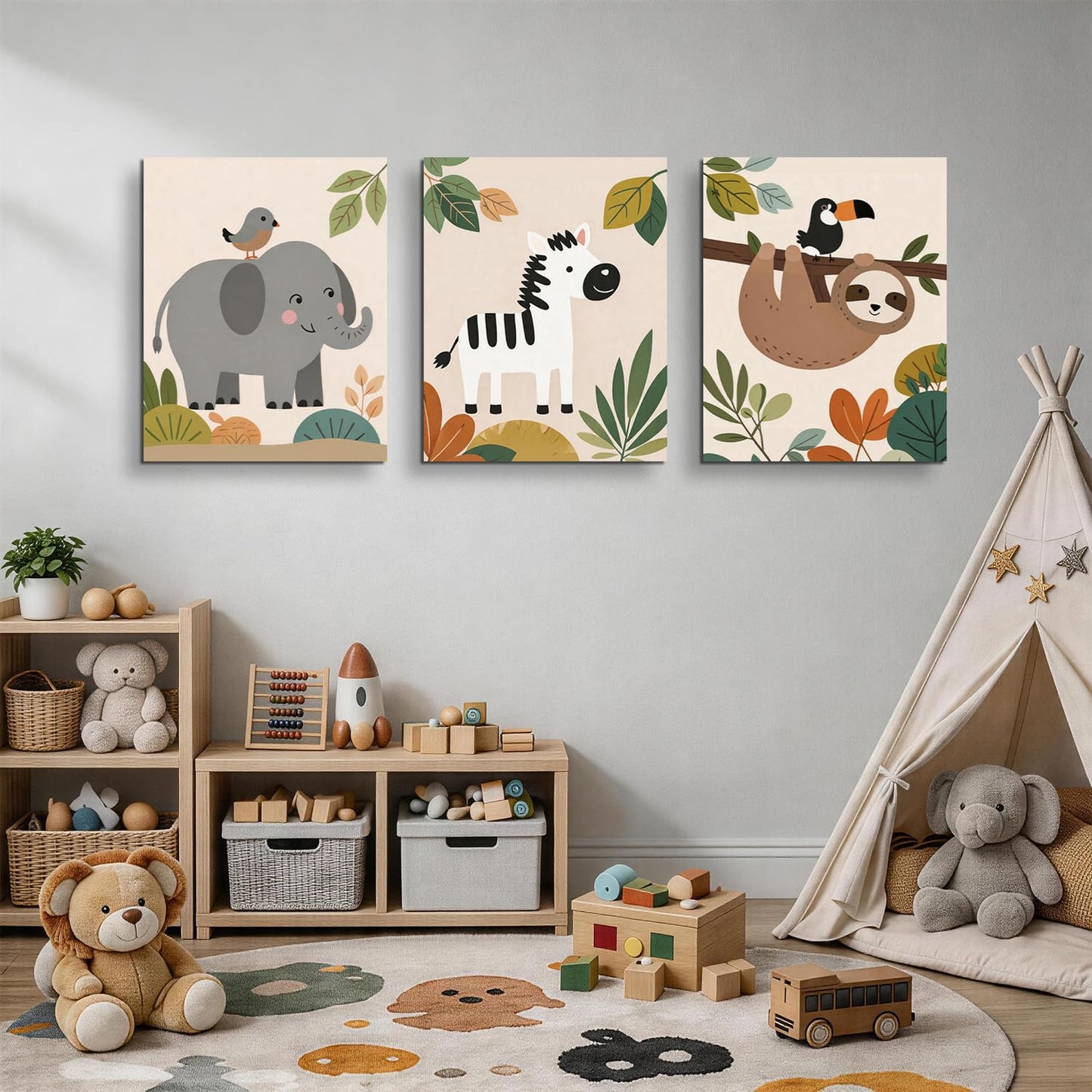 TYPTEK Nursery Wall Art Decor Set of 3,Boho Jungle Animals Whimsical & Educational Canvas Prints for Kids Room Playroom Baby Bedroom, Framed Ready to Hang,16x12 Inch