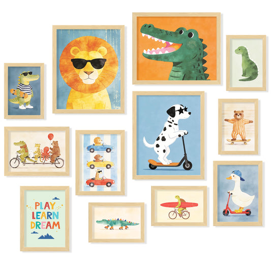 Baby Boy Nursery Wall Decor - Colorful Animal Posters For Room Aesthetic, Cartoon Nursery Pictures Kids Wall Art For Bedroom, Playroom (Unframed)