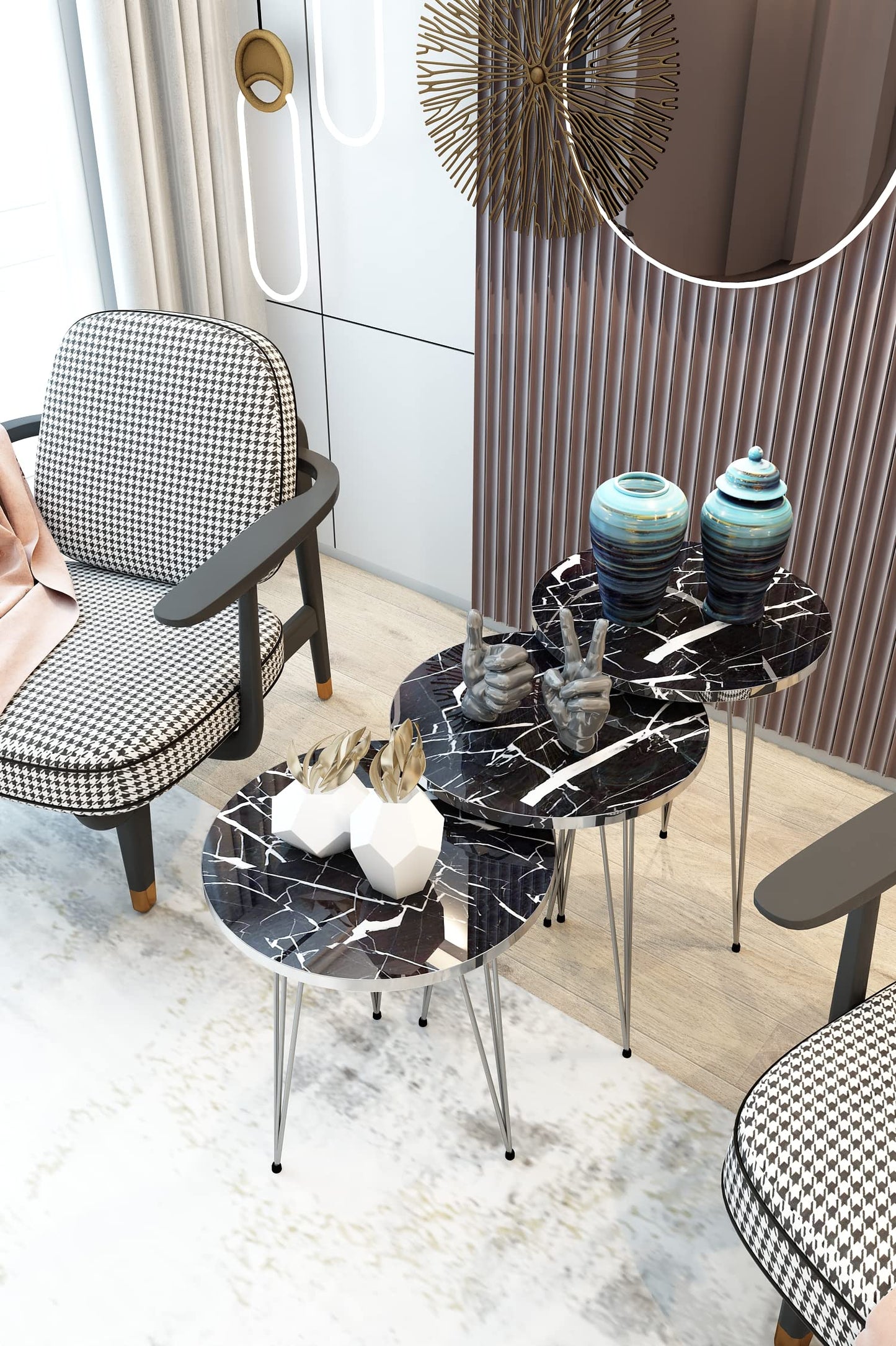 PAK HOME Set of 3 Nesting End Tables Round Wood Stacking Coffee Side Accent Sofa Table with Metal Legs for Living Room, Home Office, Nightstands for Bedroom (Black Marble/Silver Legs)