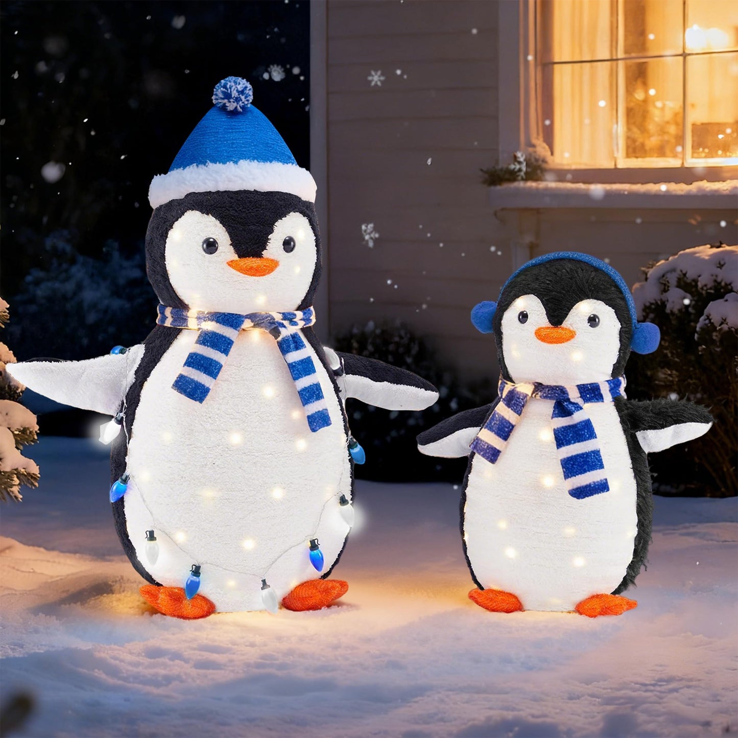 DUMOS 2-Piece Lighted Penguin Family Outdoor Christmas Decoration, Pop up Holiday Decor with 150 LED Lights for Yard, Garden, Storefront, White&Blue