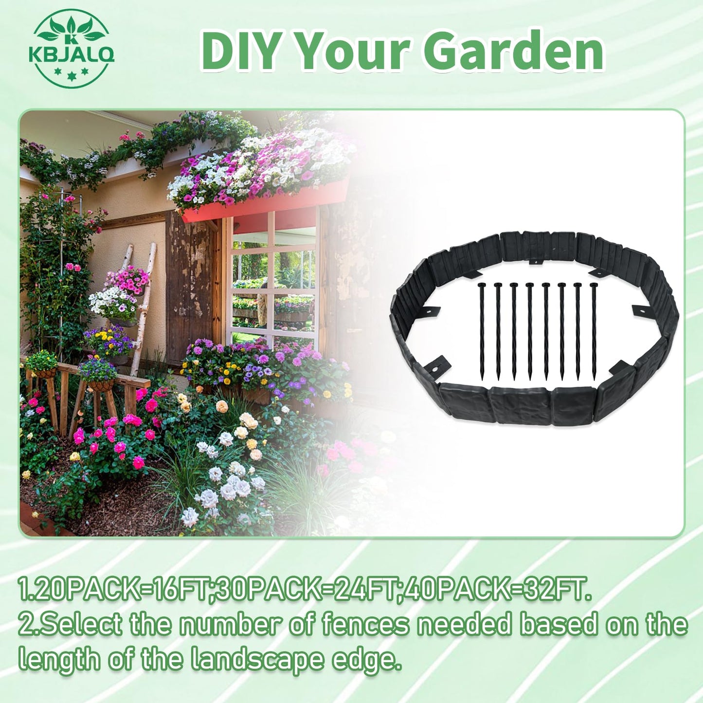 KBJALQ Garden Edging Border with Anchoring Spikes,Plastic Landscape Edging Border Imitation Stone Fence for DIY Outdoor Yard Landscaping (20pcs/16 FT, Gray)