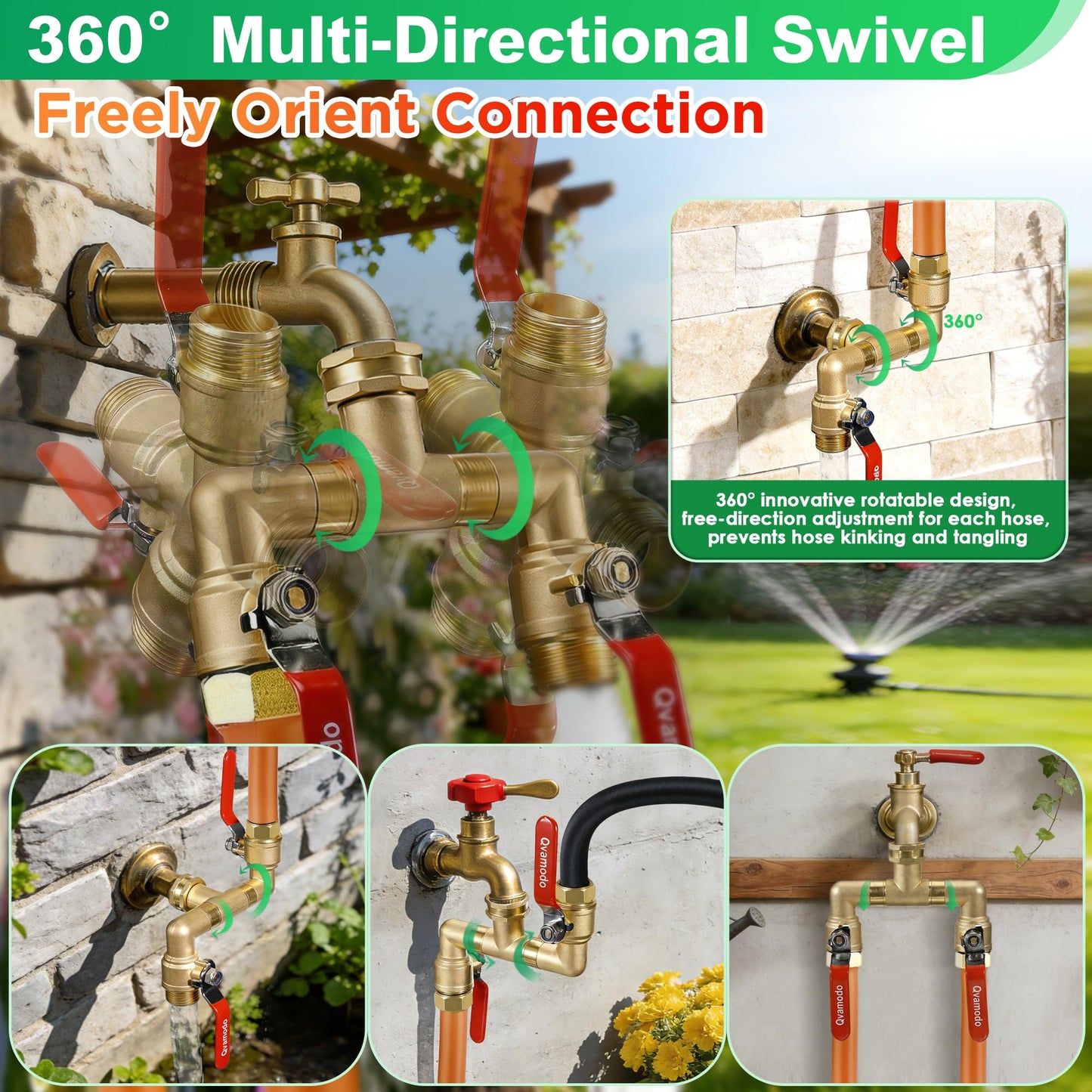 360° Rotatable Garden Hose Splitter 2026 Upgrade 3/4" GHT Swivel Brass Hose Splitter, High Flow Spigot Splitter with Seperately Shut Off Valves, Heavy Duty Faucet Splitter for Outdoor Garden Courtyard
