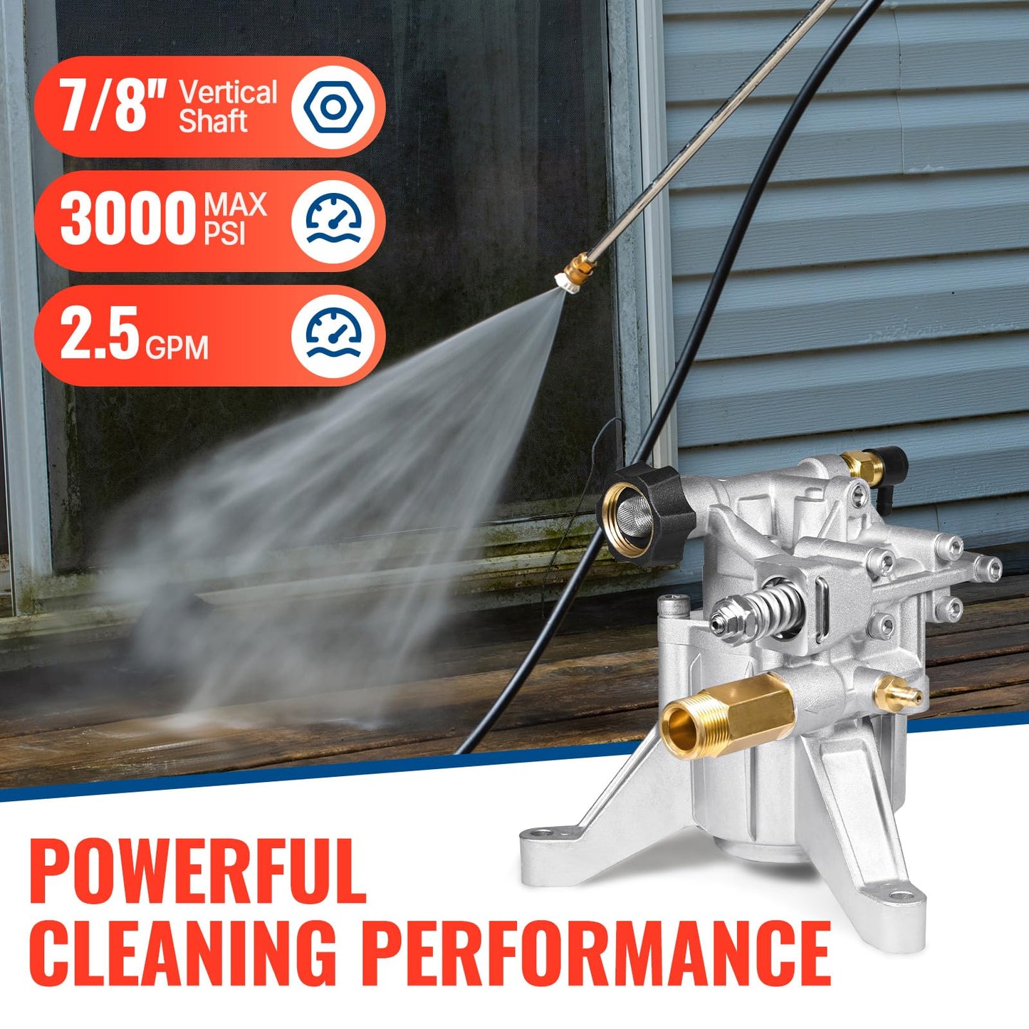 YAMATIC 7/8" Shaft Vertical Pressure Washer Pump Rear Inlet/Outlet 3000 PSI @ 2.5 GPM Replacement Pump for Power Washers, Compatible with 308653045, 308653052, 308653078, GCV190 and more