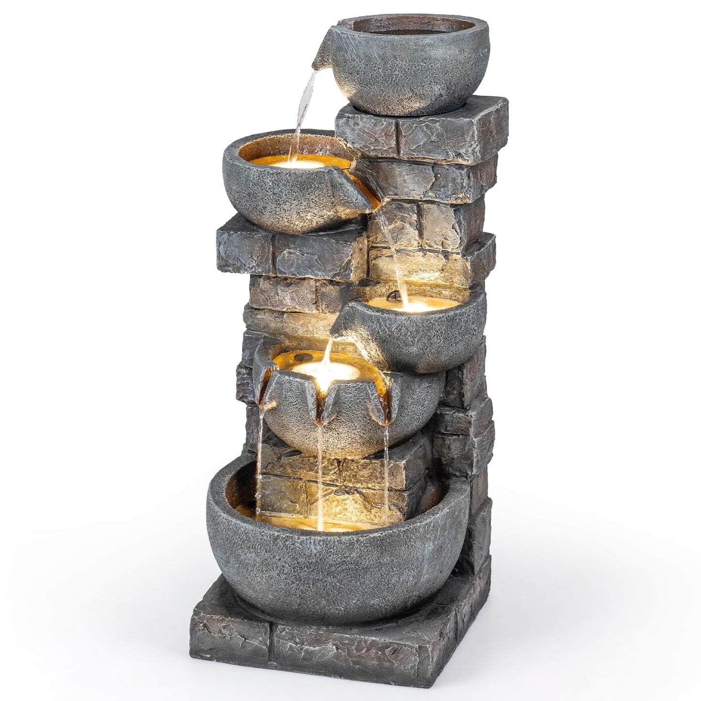 Giantex 33'' Water Fountain Outdoor, 5-Tier Cascading Stacked Stone Bowl Waterfall Fountain with LED Lights & Pump, Outside Water Feature for Patio, Balcony, Deck, Garden, Yard Decor